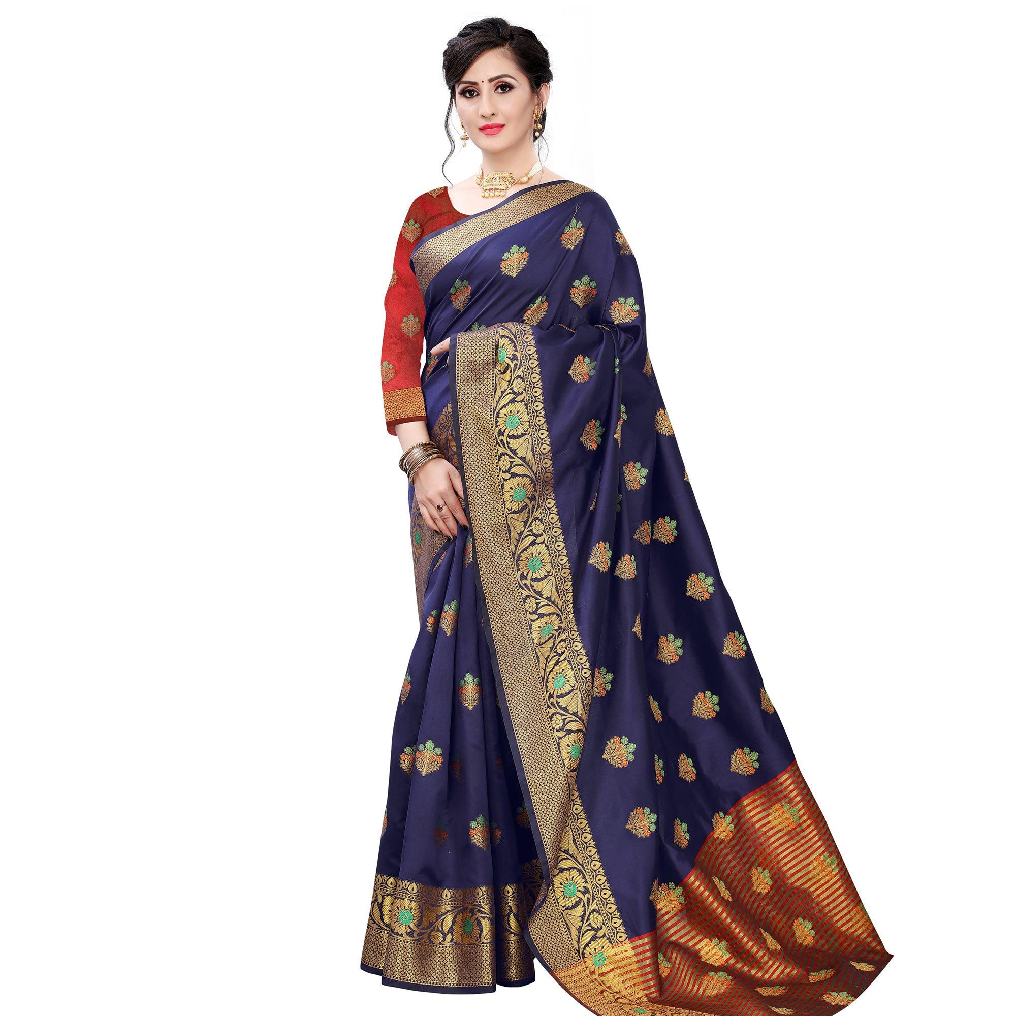 Gorgeous Navy Blue Colored Beautiful Jacqaurd Floral Pattern Festive Wear Art Silk Saree - Peachmode