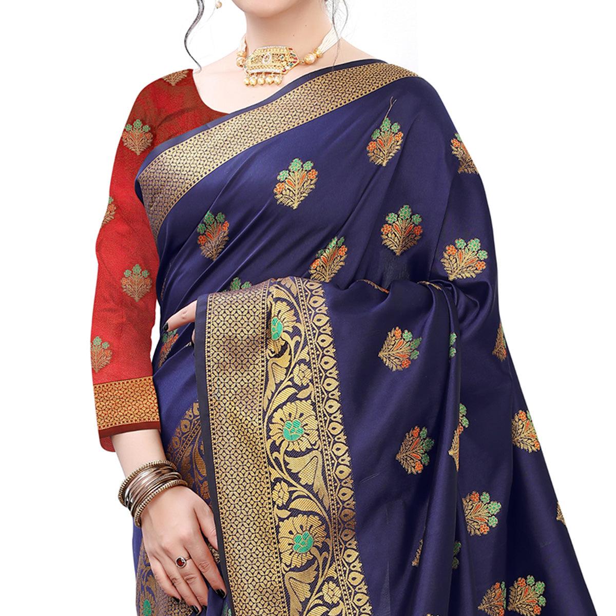 Gorgeous Navy Blue Colored Beautiful Jacqaurd Floral Pattern Festive Wear Art Silk Saree - Peachmode