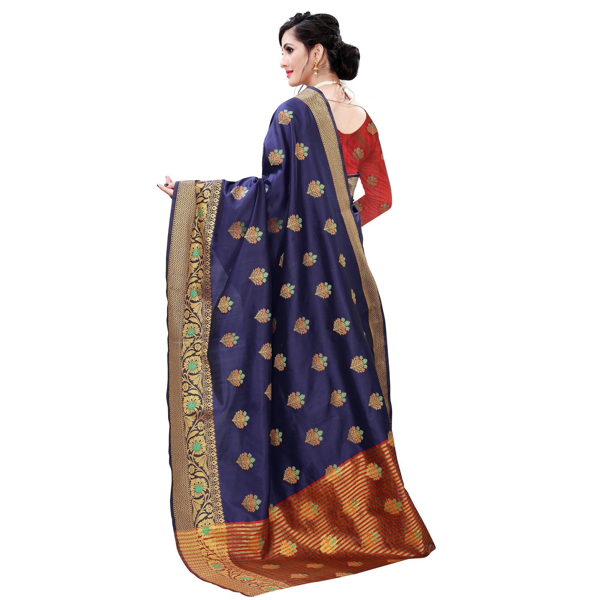 Gorgeous Navy Blue Colored Beautiful Jacqaurd Floral Pattern Festive Wear Art Silk Saree - Peachmode