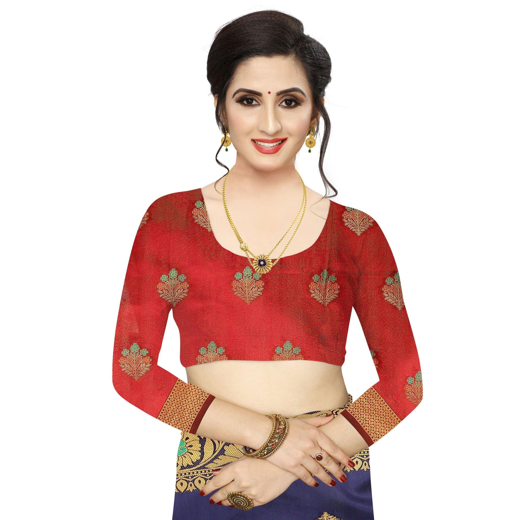 Gorgeous Navy Blue Colored Beautiful Jacqaurd Floral Pattern Festive Wear Art Silk Saree - Peachmode