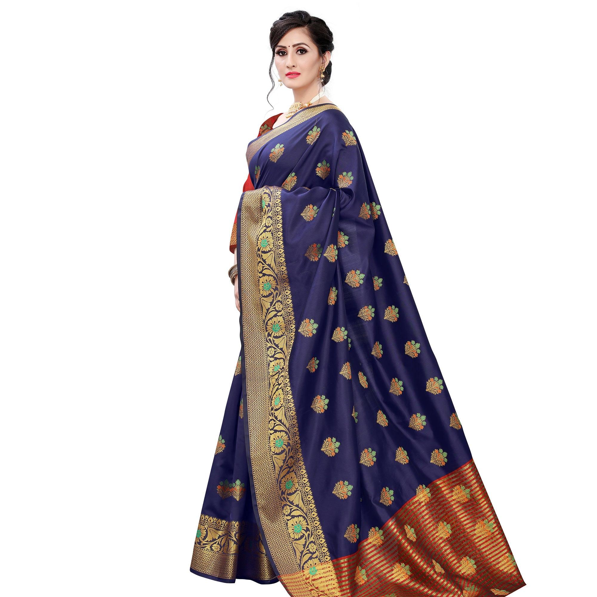 Gorgeous Navy Blue Colored Beautiful Jacqaurd Floral Pattern Festive Wear Art Silk Saree - Peachmode