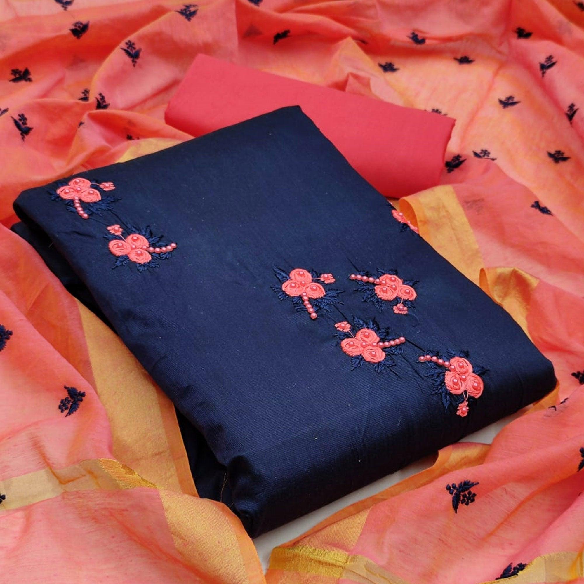 Gorgeous Navy Blue Colored Casual Wear Embroidered Cotton Dress Material - Peachmode
