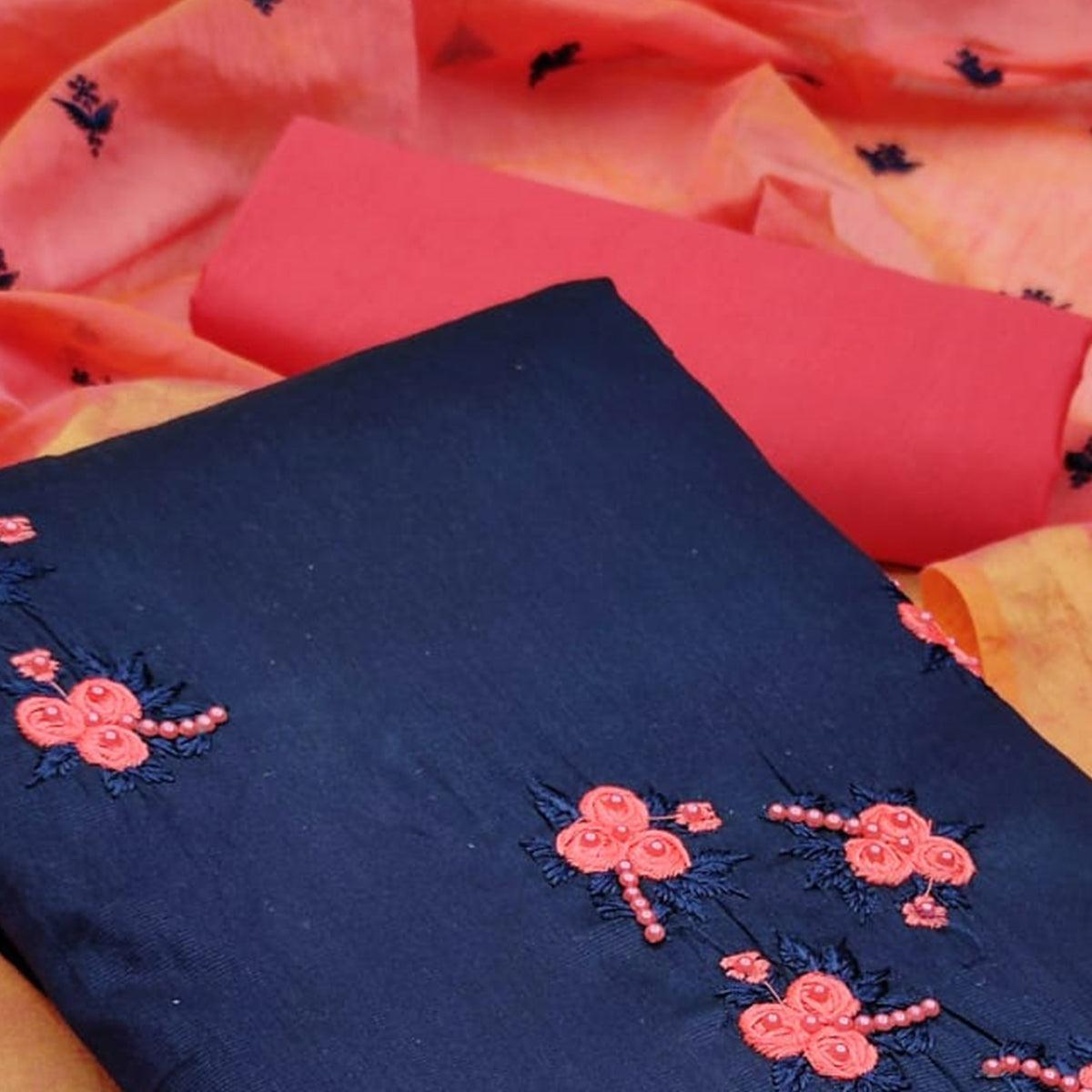 Gorgeous Navy Blue Colored Casual Wear Embroidered Cotton Dress Material - Peachmode