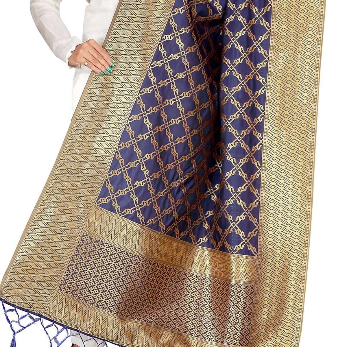 Gorgeous Navy Blue Colored Festive Wear Banarasi Silk Dupatta - Peachmode