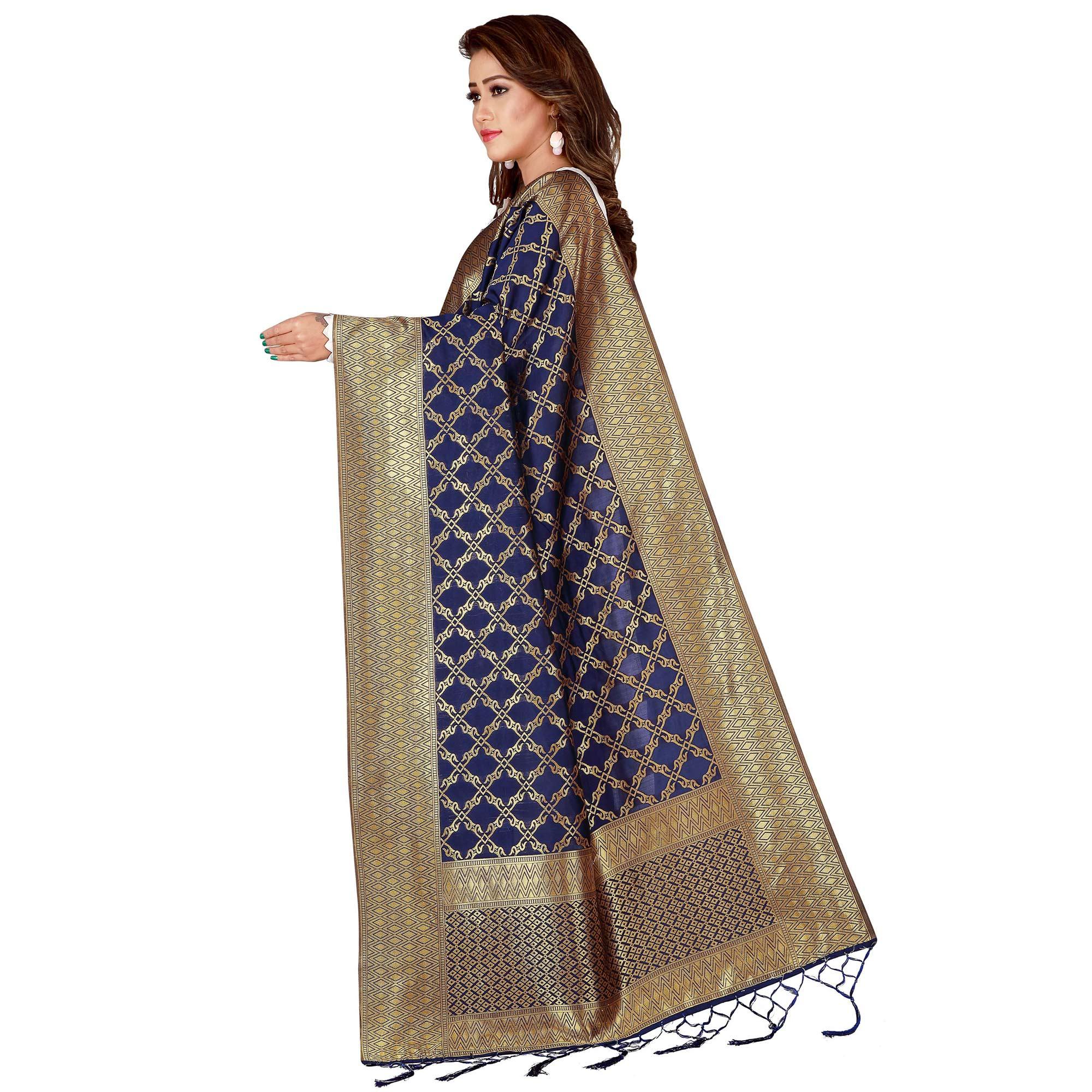 Gorgeous Navy Blue Colored Festive Wear Banarasi Silk Dupatta - Peachmode