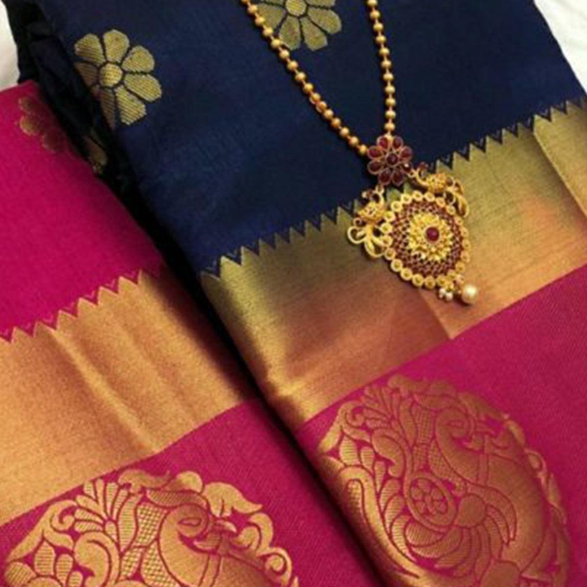 Gorgeous Navy Blue Colored Festive Wear Woven Art Silk Saree - Peachmode