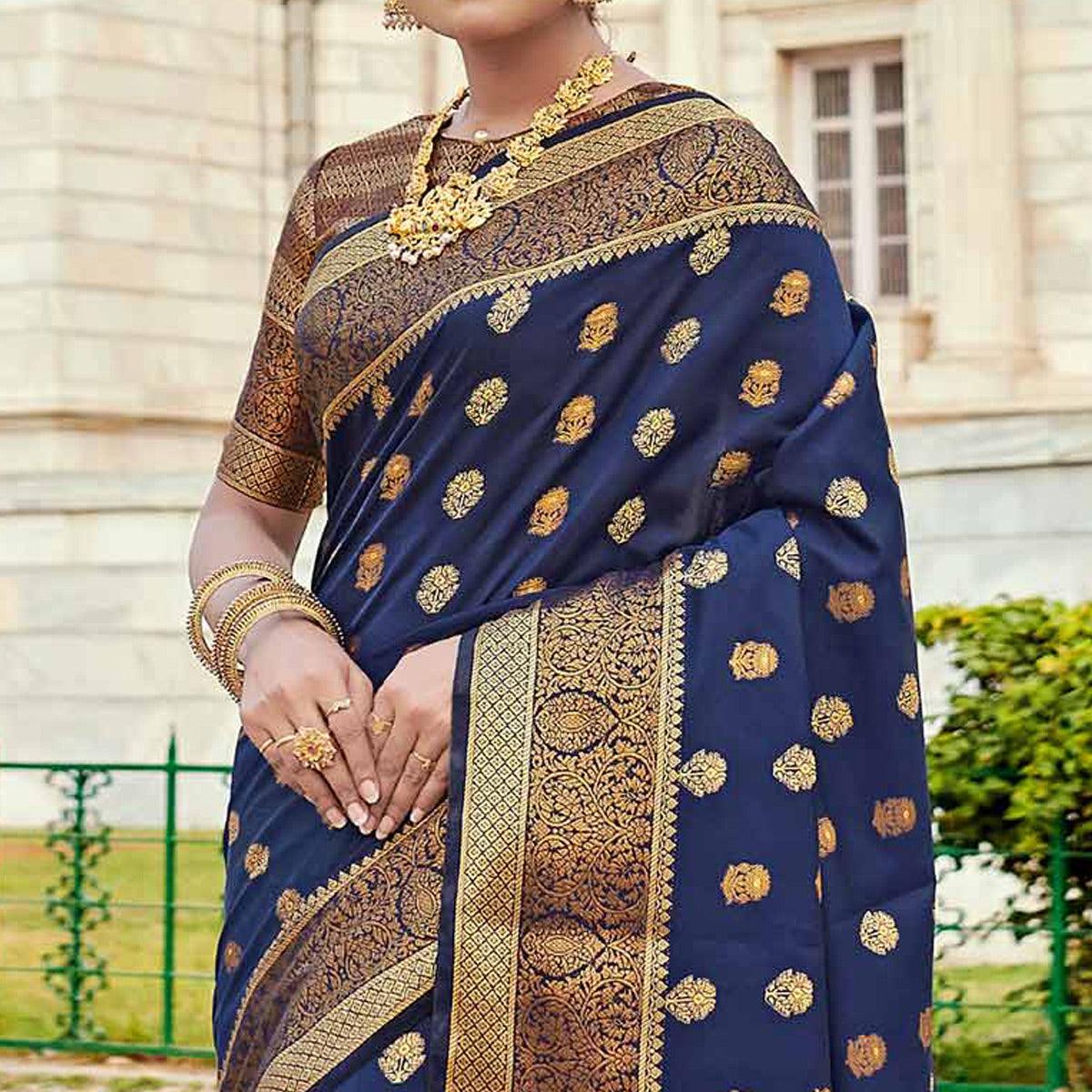 Gorgeous Navy Blue Colored Festive Wear Woven Silk Saree - Peachmode