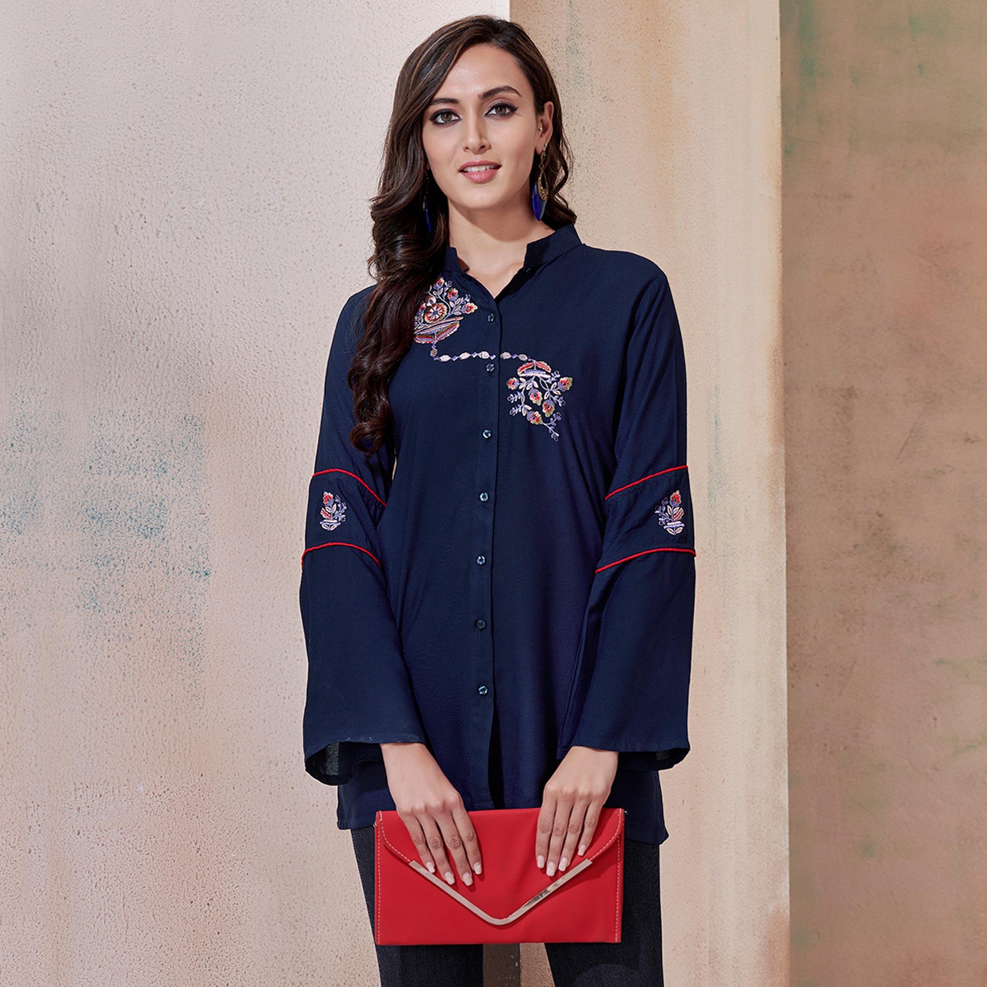 Gorgeous Navy Blue Colored Partywear Embroidered Rayon Western Top - Peachmode