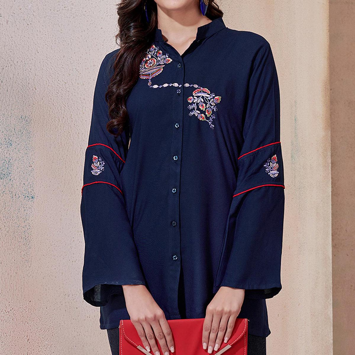 Gorgeous Navy Blue Colored Partywear Embroidered Rayon Western Top - Peachmode