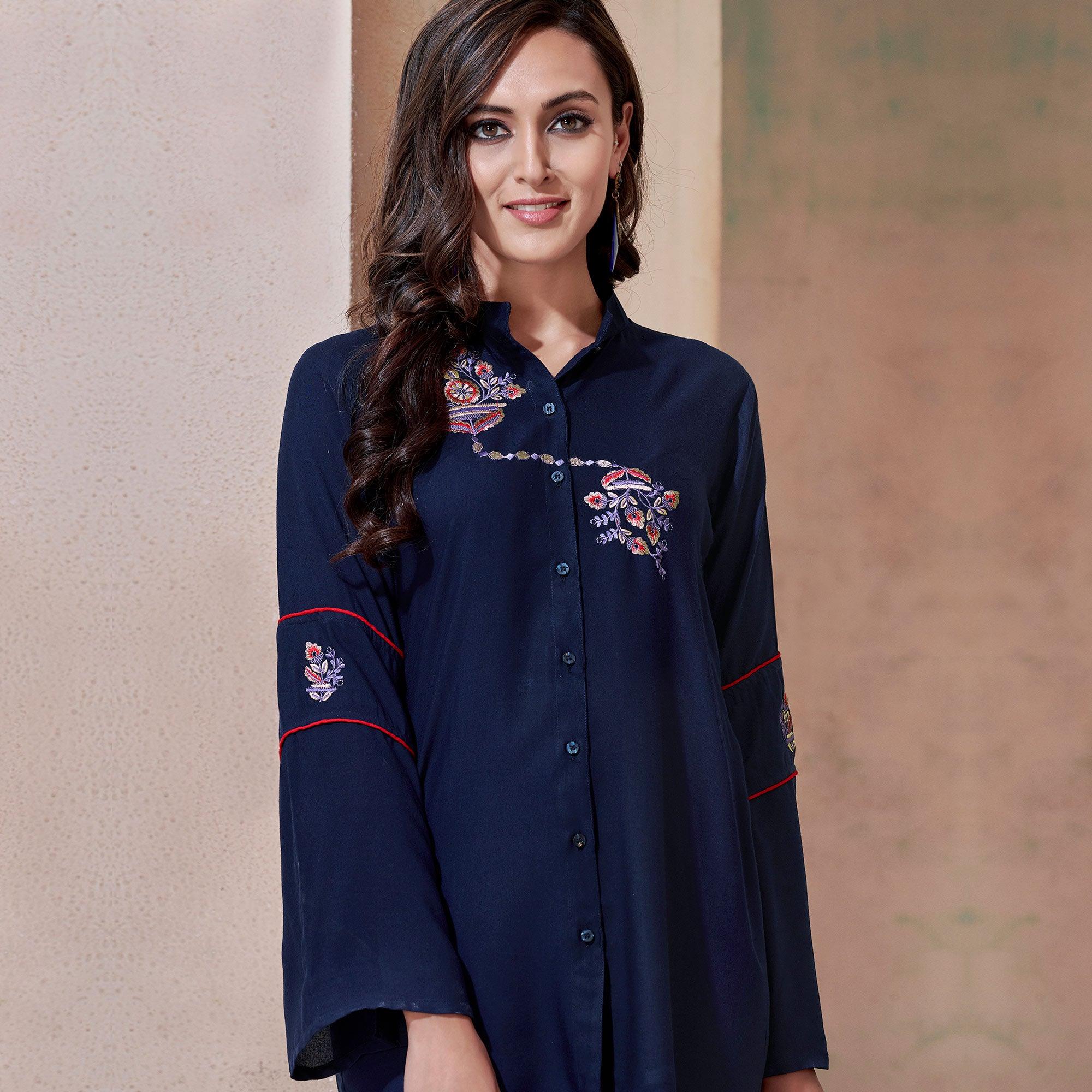 Gorgeous Navy Blue Colored Partywear Embroidered Rayon Western Top - Peachmode
