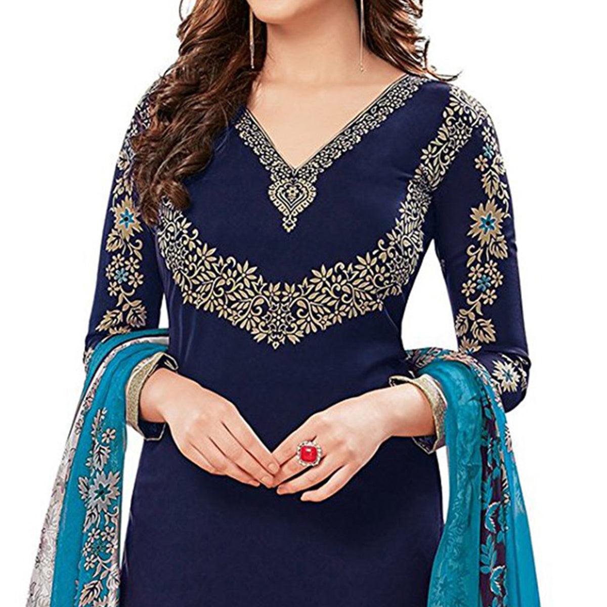 Gorgeous Navy Blue Colored Printed Crape Dress Material - Peachmode
