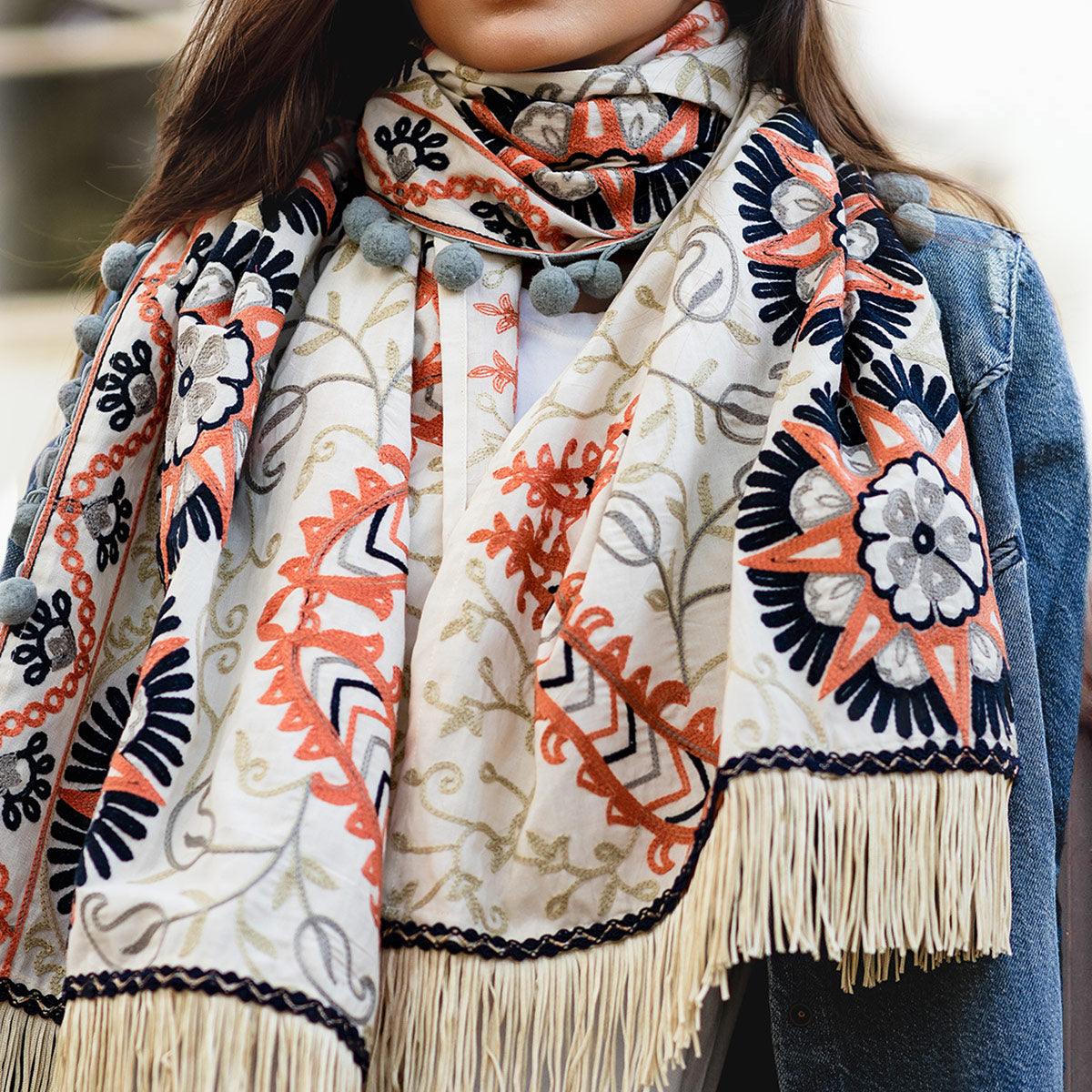 Gorgeous Offwhite Colored Embroidered Khadi Muffler Stole - Peachmode