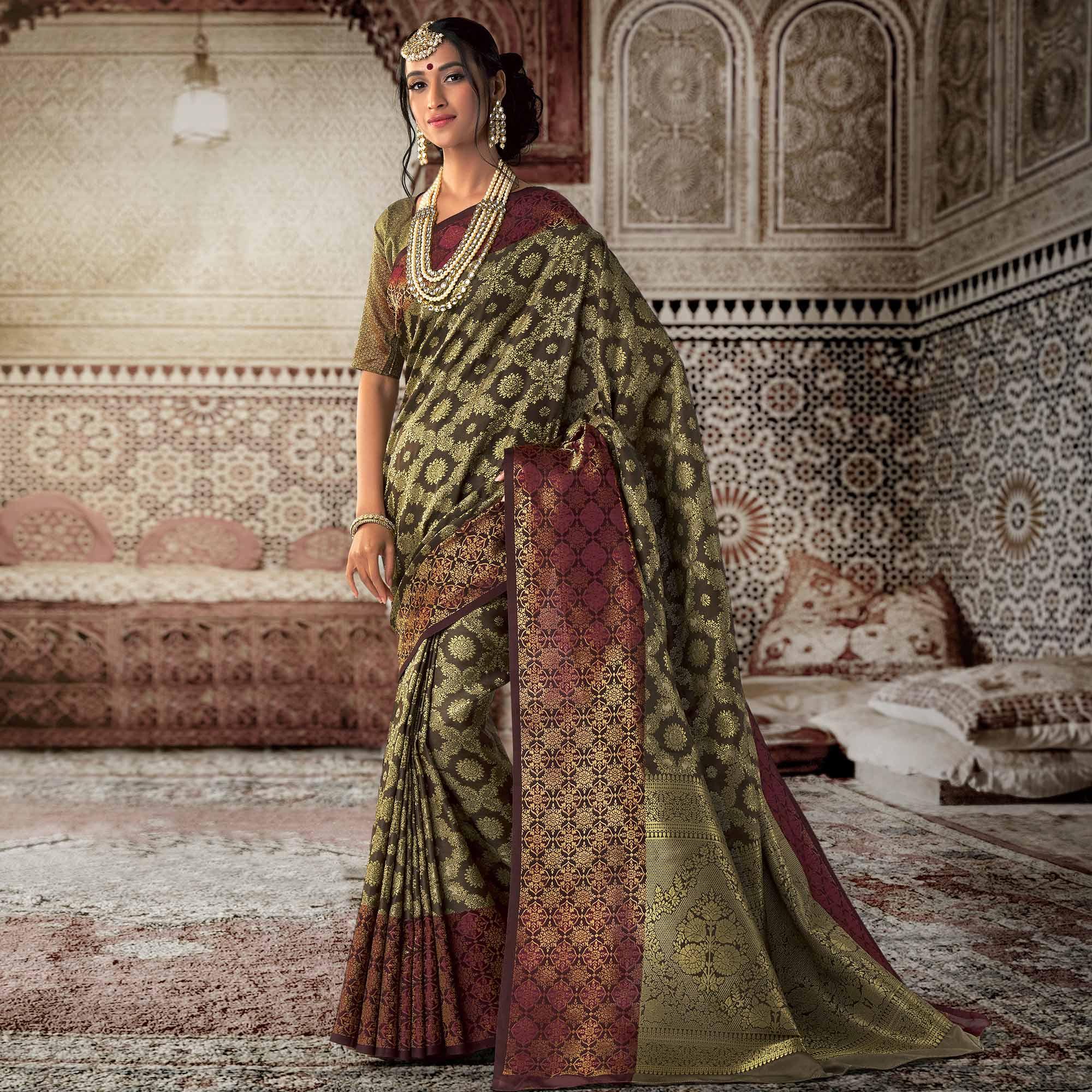 Gorgeous Olive Green Colored Festive Wear Woven Silk Saree - Peachmode