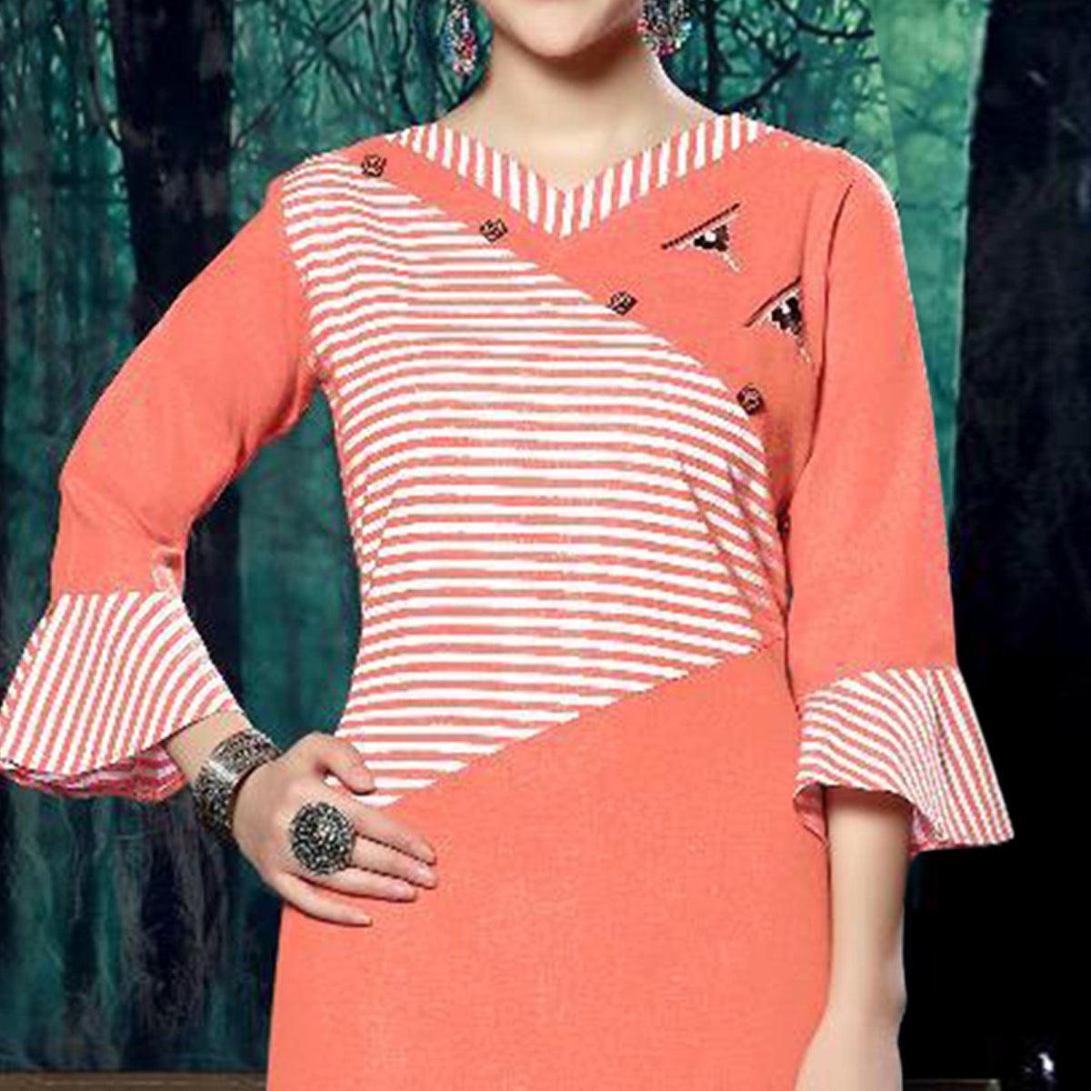 Gorgeous Orange Colored Casual Wear Handloom Stripe Printed Linen Cotton Kurti - Peachmode
