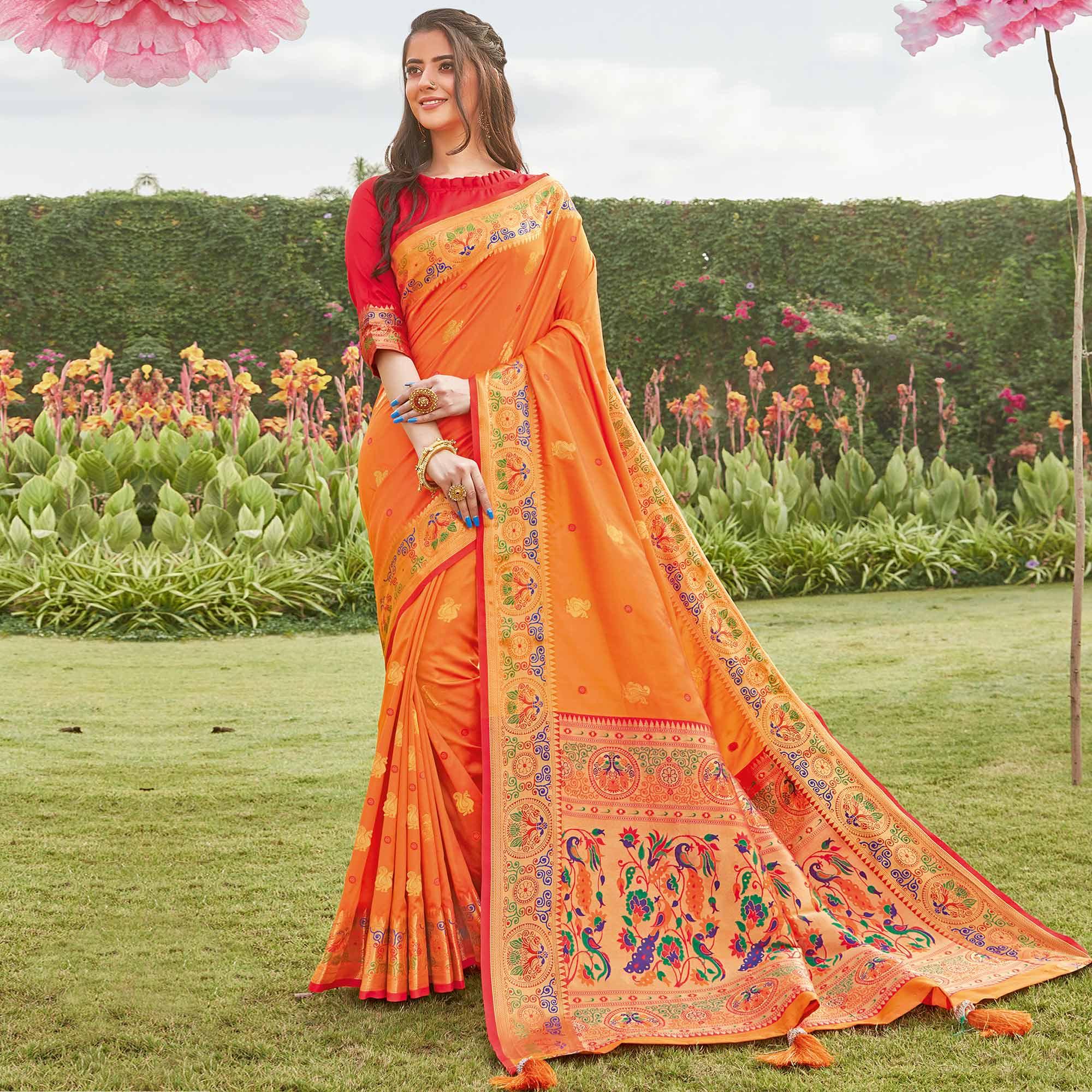 Gorgeous Orange Coloured Partywear Woven Silk Saree - Peachmode
