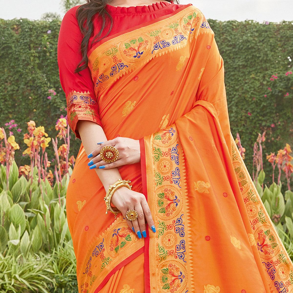 Gorgeous Orange Coloured Partywear Woven Silk Saree - Peachmode