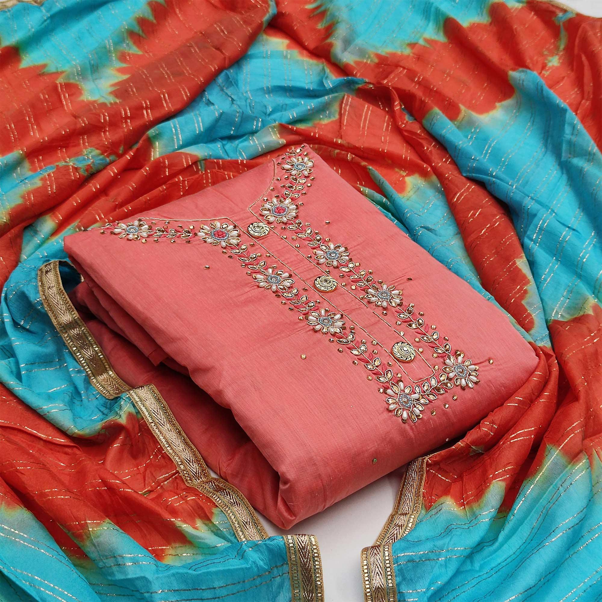 Gorgeous Peach Colored Festive Wear Heavy Modal Silk Dress Material - Peachmode