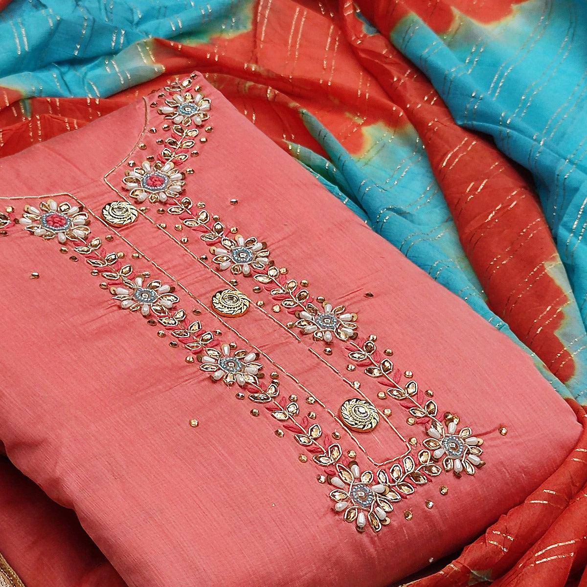 Gorgeous Peach Colored Festive Wear Heavy Modal Silk Dress Material - Peachmode