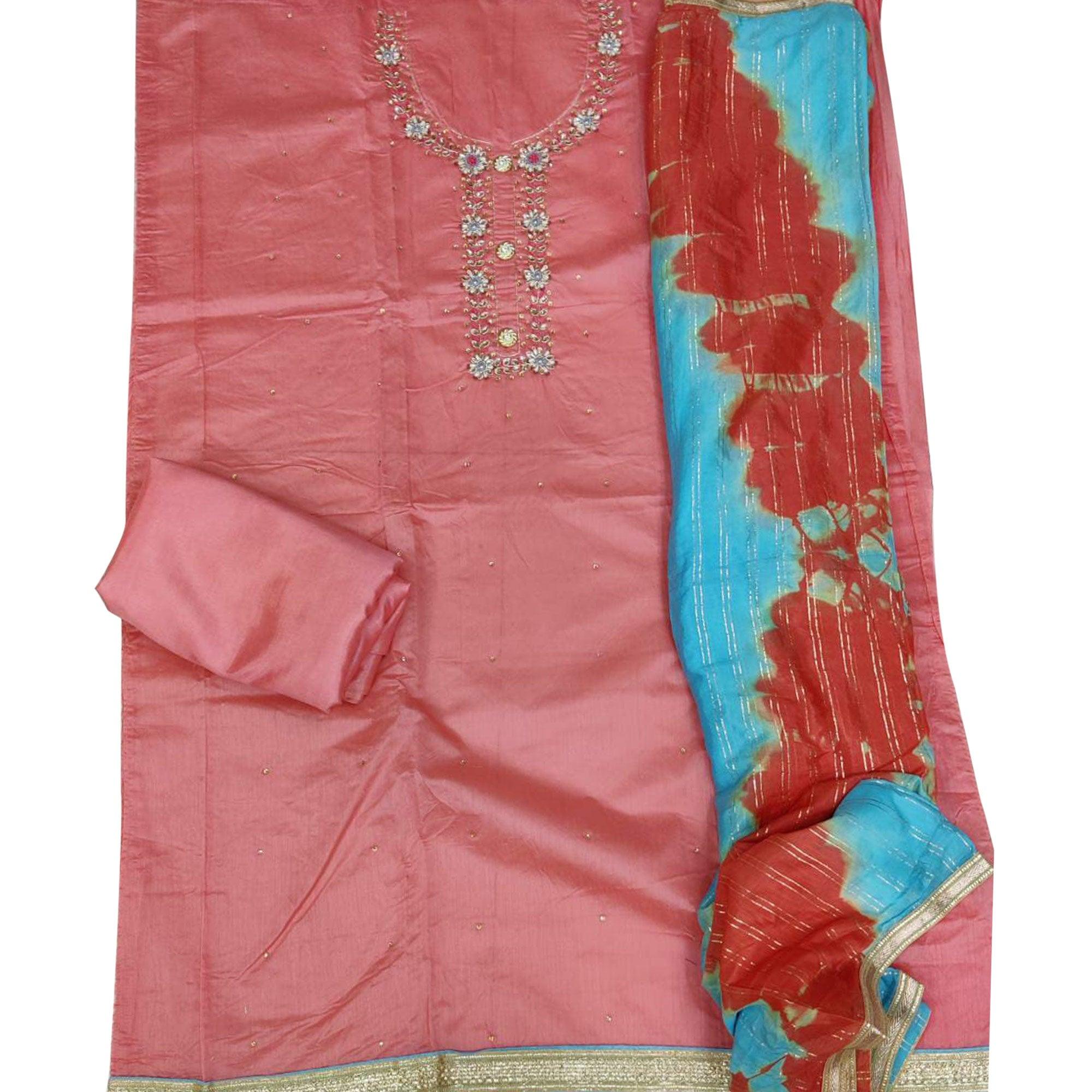 Gorgeous Peach Colored Festive Wear Heavy Modal Silk Dress Material - Peachmode