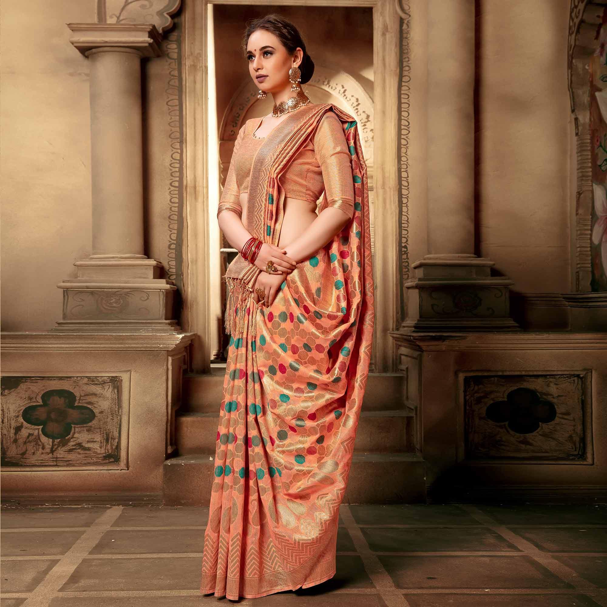 Gorgeous Peach Colored Festive Wear Woven Cotton Silk Saree - Peachmode