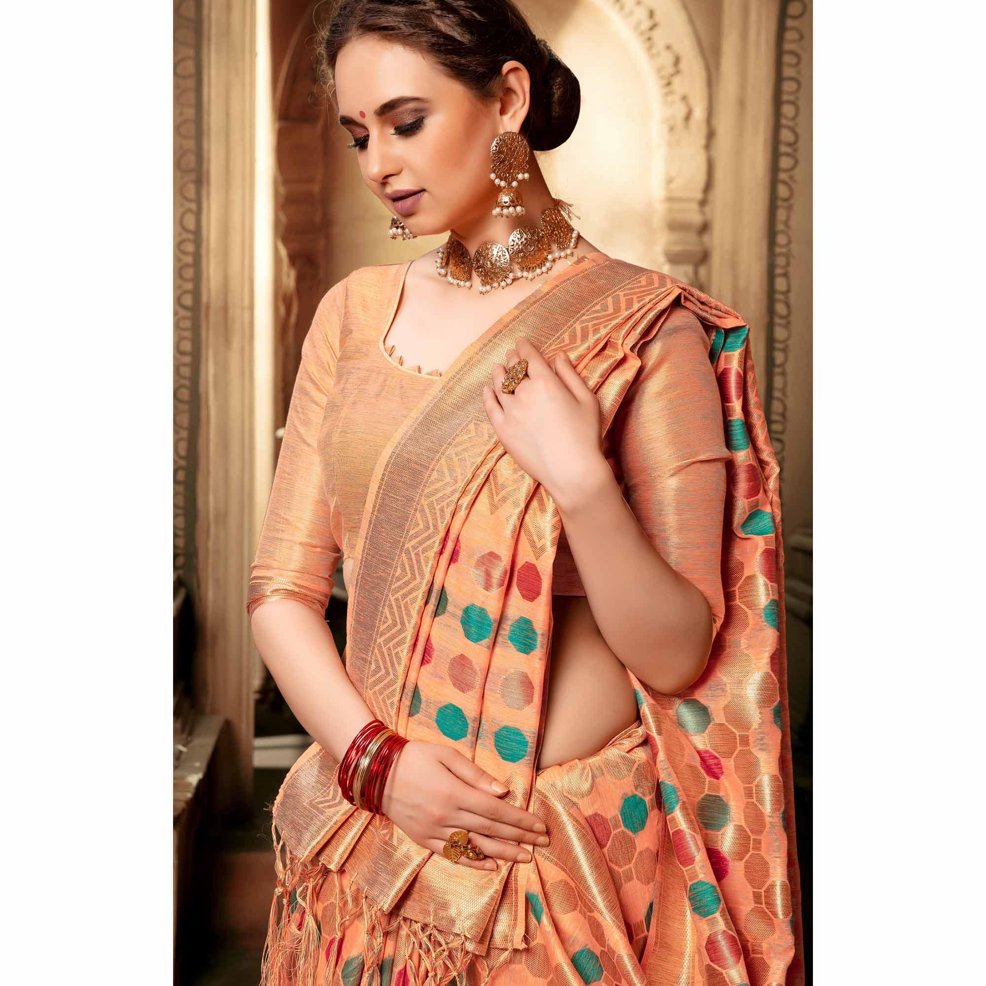 Gorgeous Peach Colored Festive Wear Woven Cotton Silk Saree - Peachmode