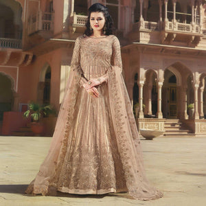 Gorgeous Peach Colored Partywear Embroidered Netted Anarkali With Dual Bottom - Peachmode