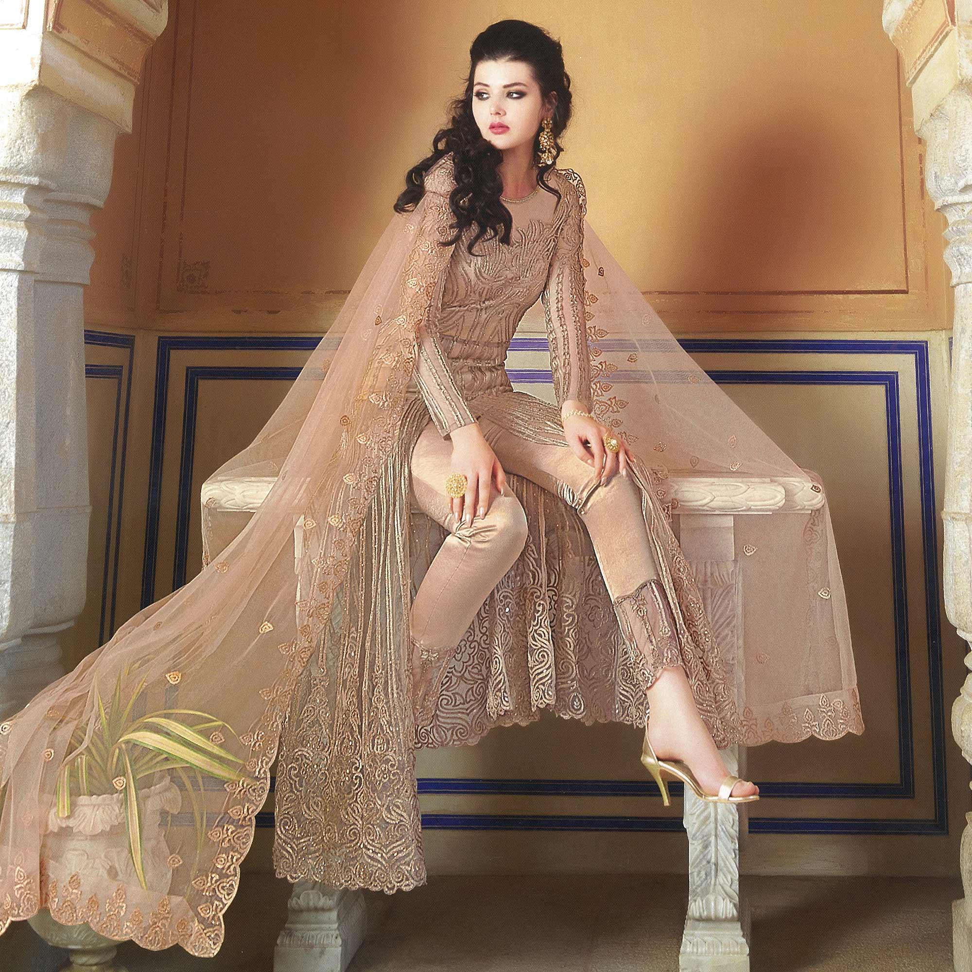 Gorgeous Peach Colored Partywear Embroidered Netted Anarkali With Dual Bottom - Peachmode