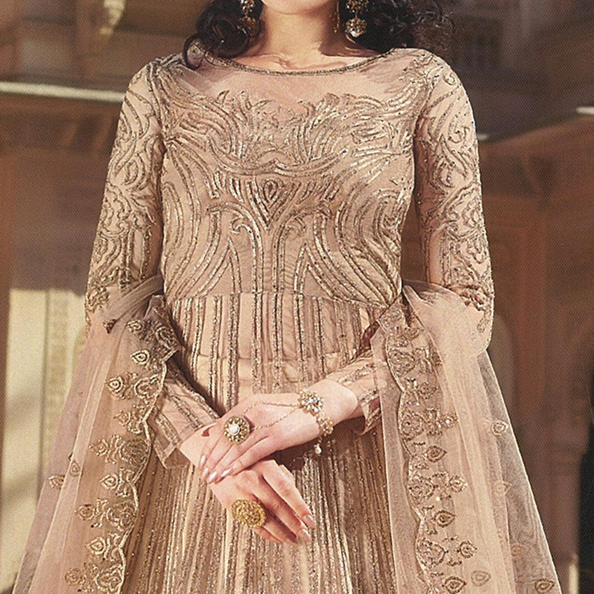 Gorgeous Peach Colored Partywear Embroidered Netted Anarkali With Dual Bottom - Peachmode
