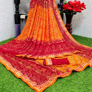 Gorgeous Pink & Orange Coloured Casual Wear Printed Moss Georgette Saree - Peachmode