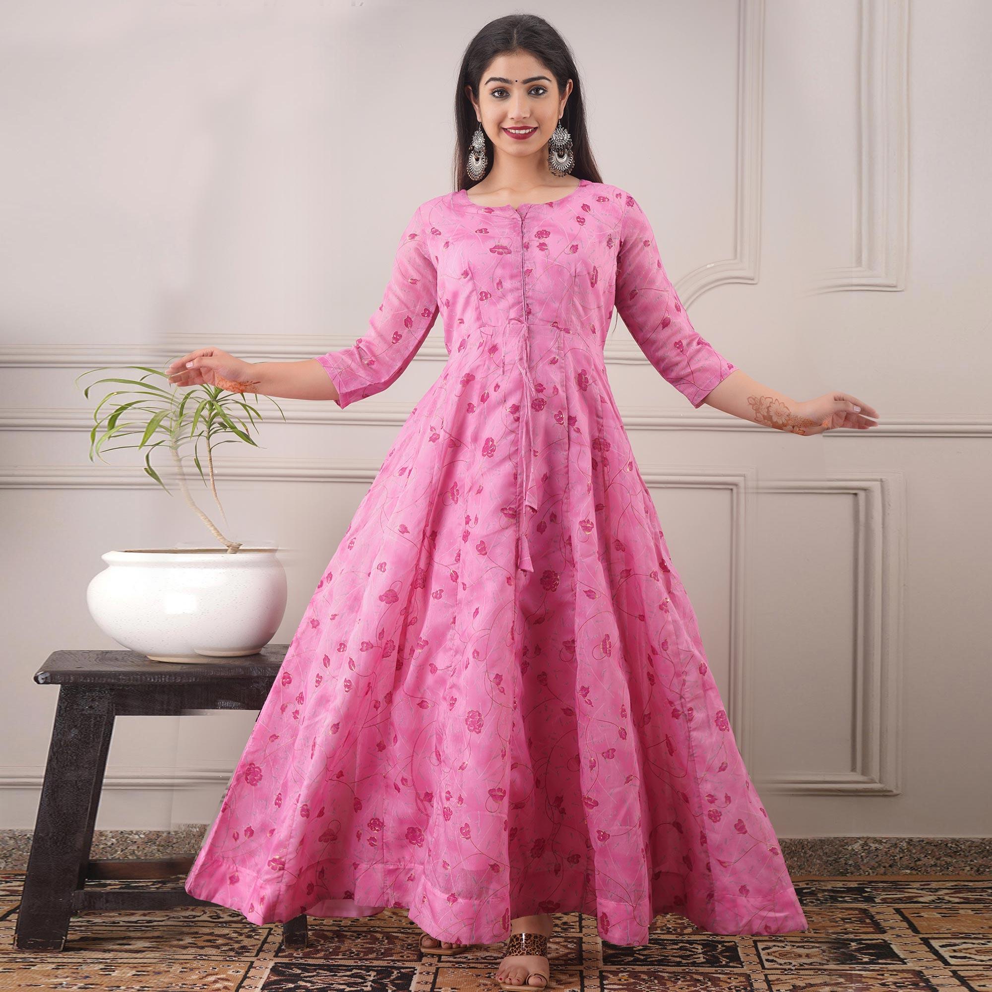 Gorgeous Pink Colored Casual Foil Printed Pure Chanderi Gown - Peachmode