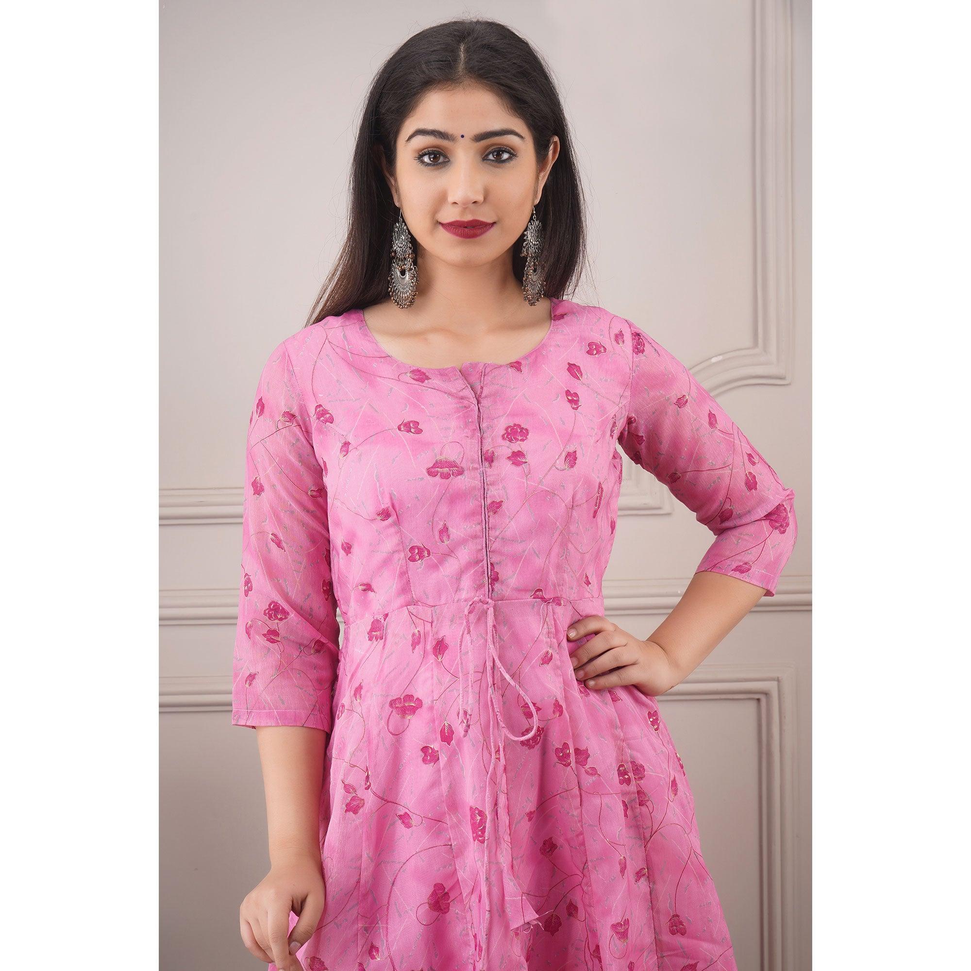 Gorgeous Pink Colored Casual Foil Printed Pure Chanderi Gown - Peachmode