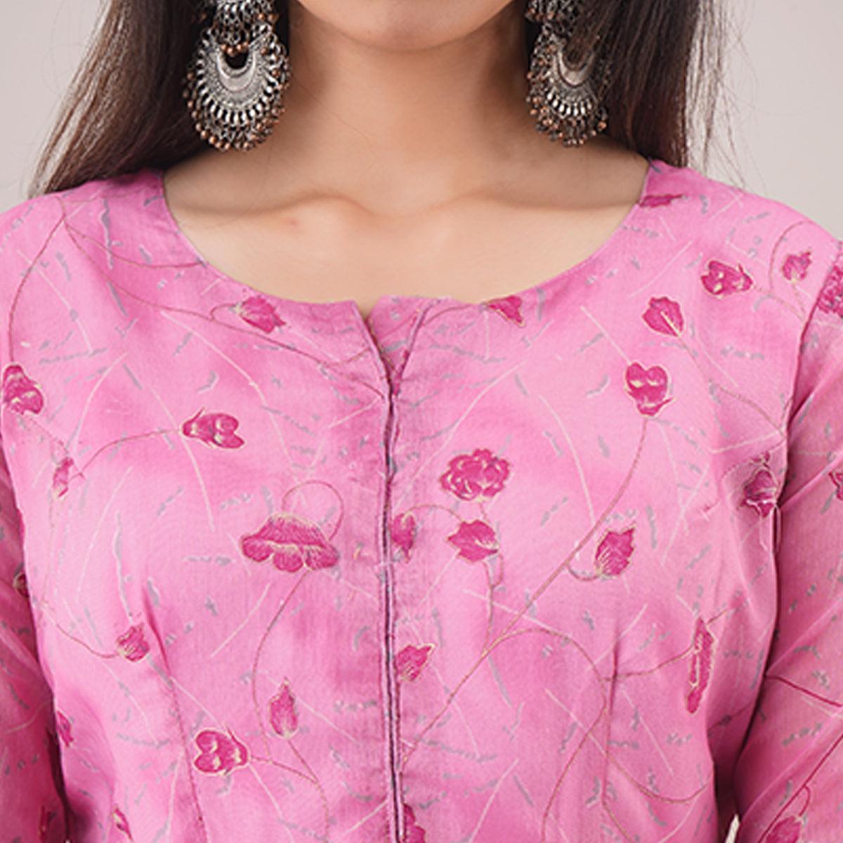 Gorgeous Pink Colored Casual Foil Printed Pure Chanderi Gown - Peachmode