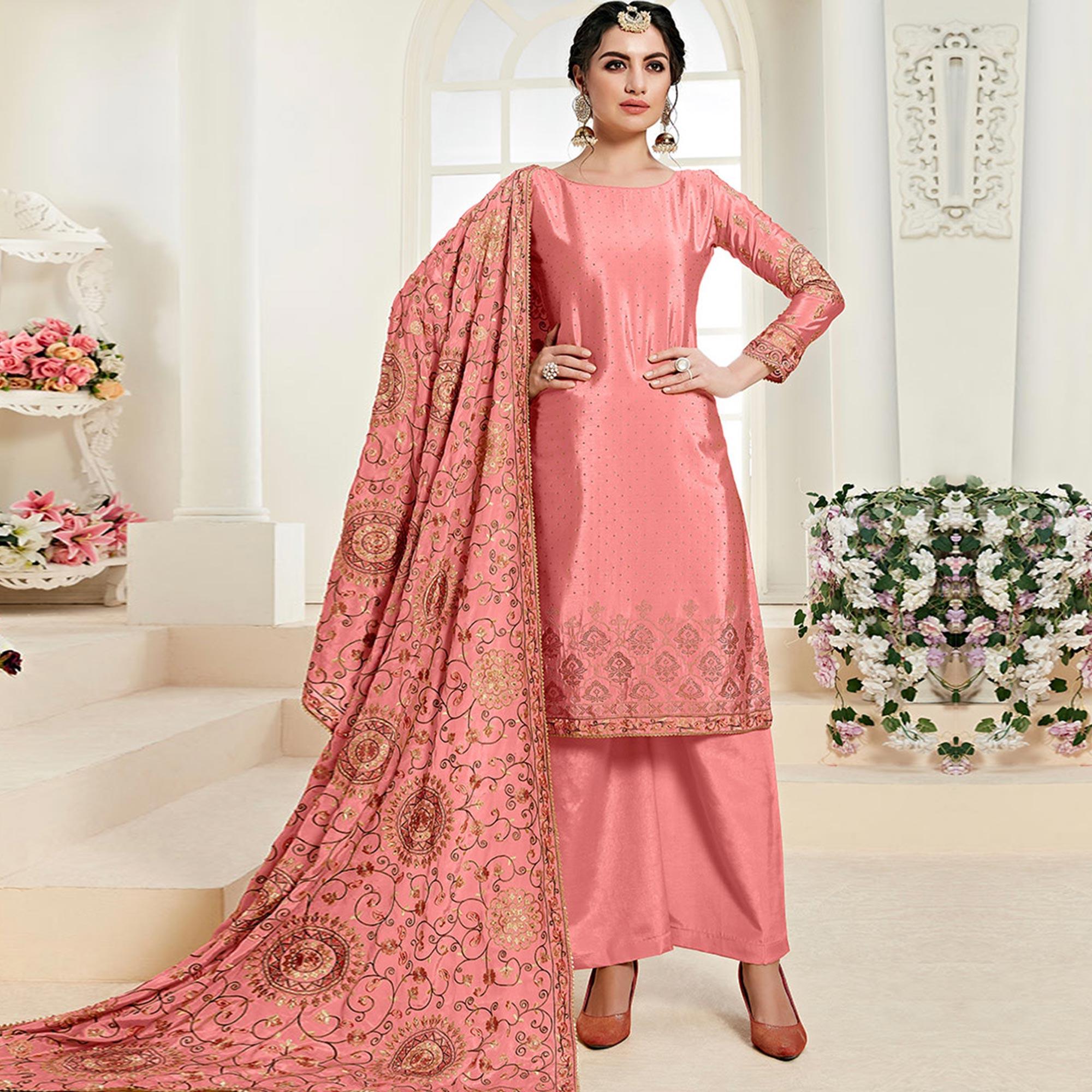 Gorgeous Pink Colored Partywear Embroidered Chiffon Palazzo Suit - Peachmode