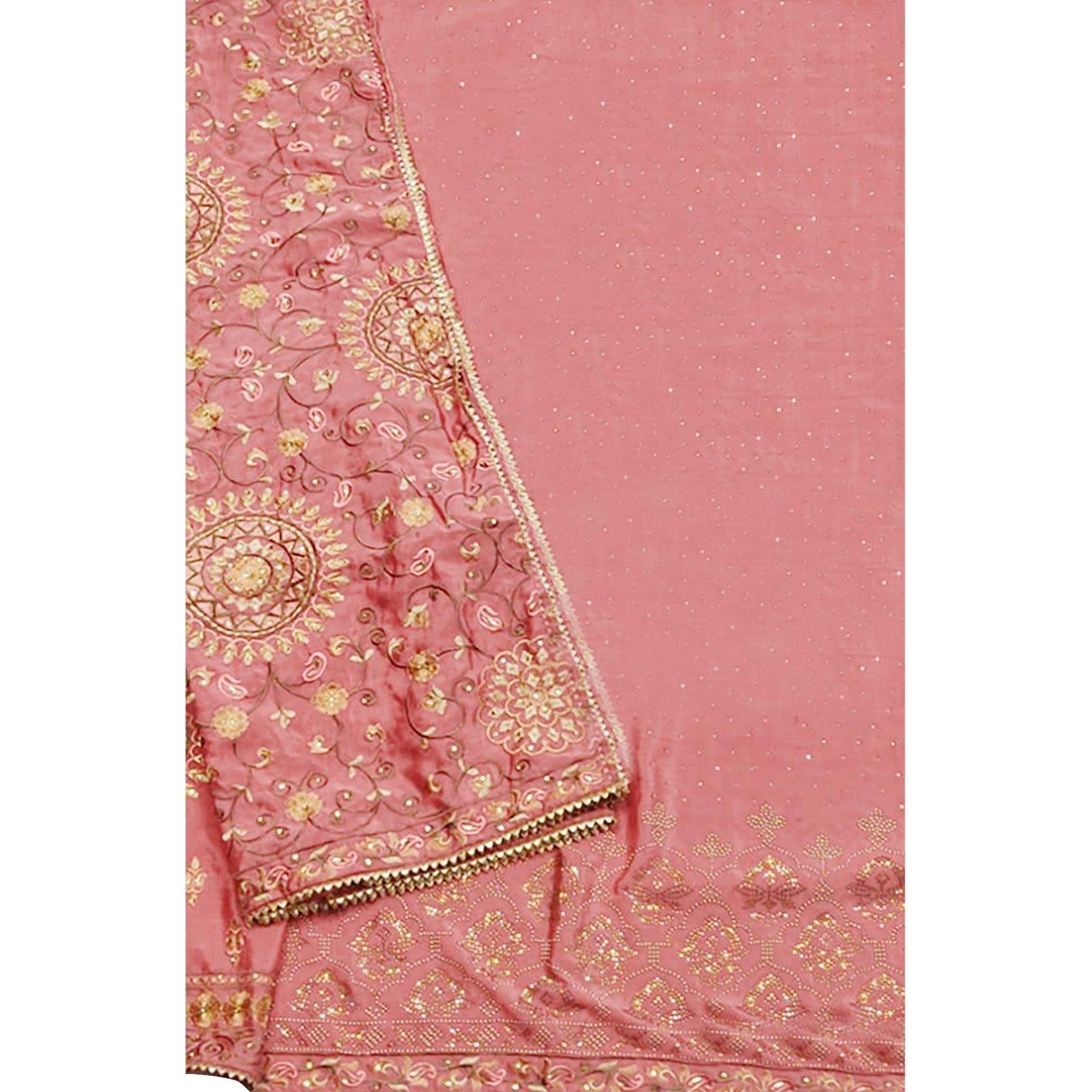 Gorgeous Pink Colored Partywear Embroidered Chiffon Palazzo Suit - Peachmode