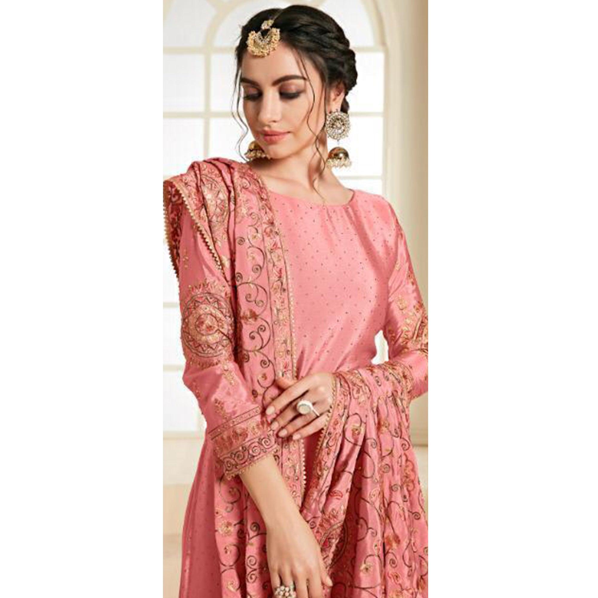 Gorgeous Pink Colored Partywear Embroidered Chiffon Palazzo Suit - Peachmode