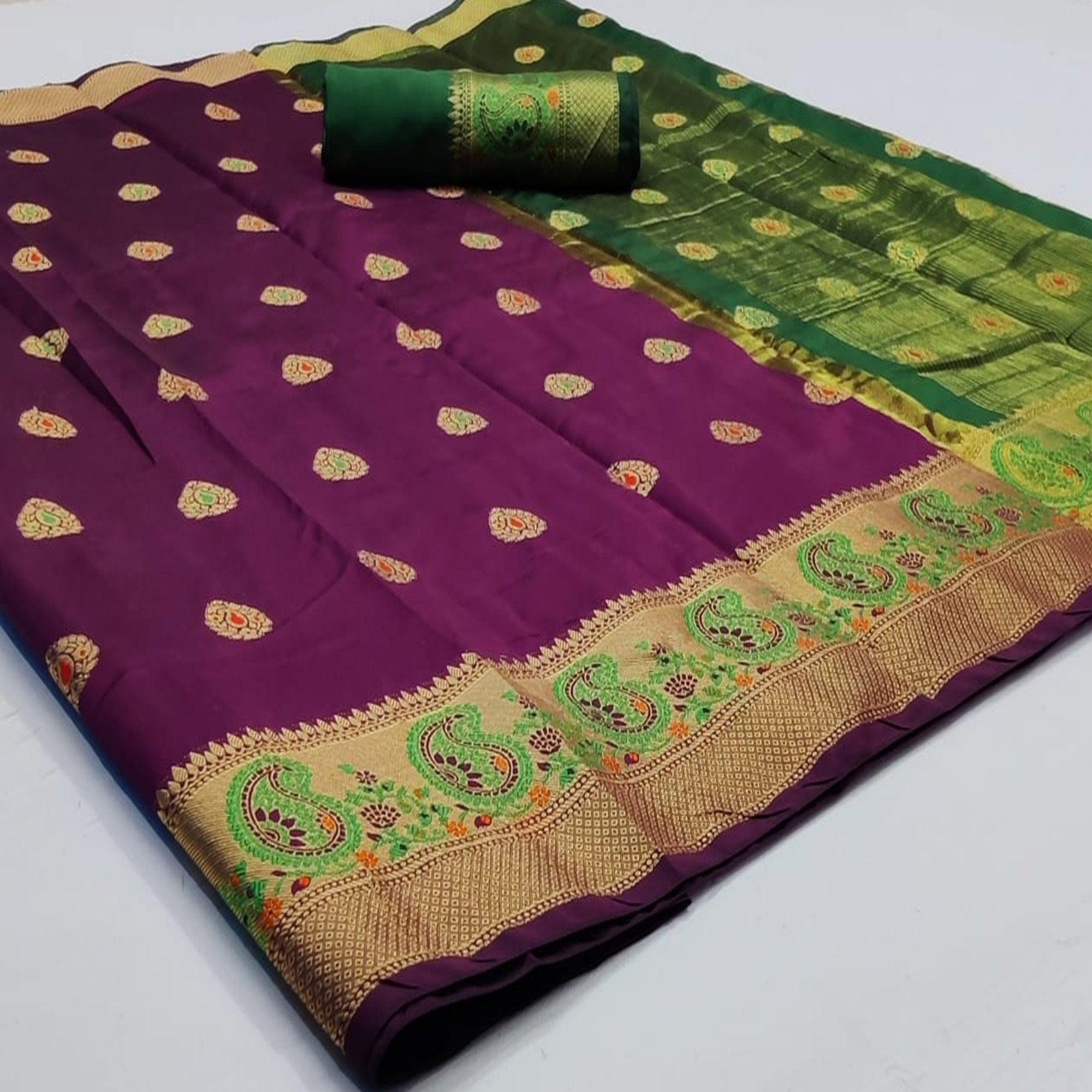 Gorgeous Purple Colored Festive Wear Woven Soft Silk Saree - Peachmode