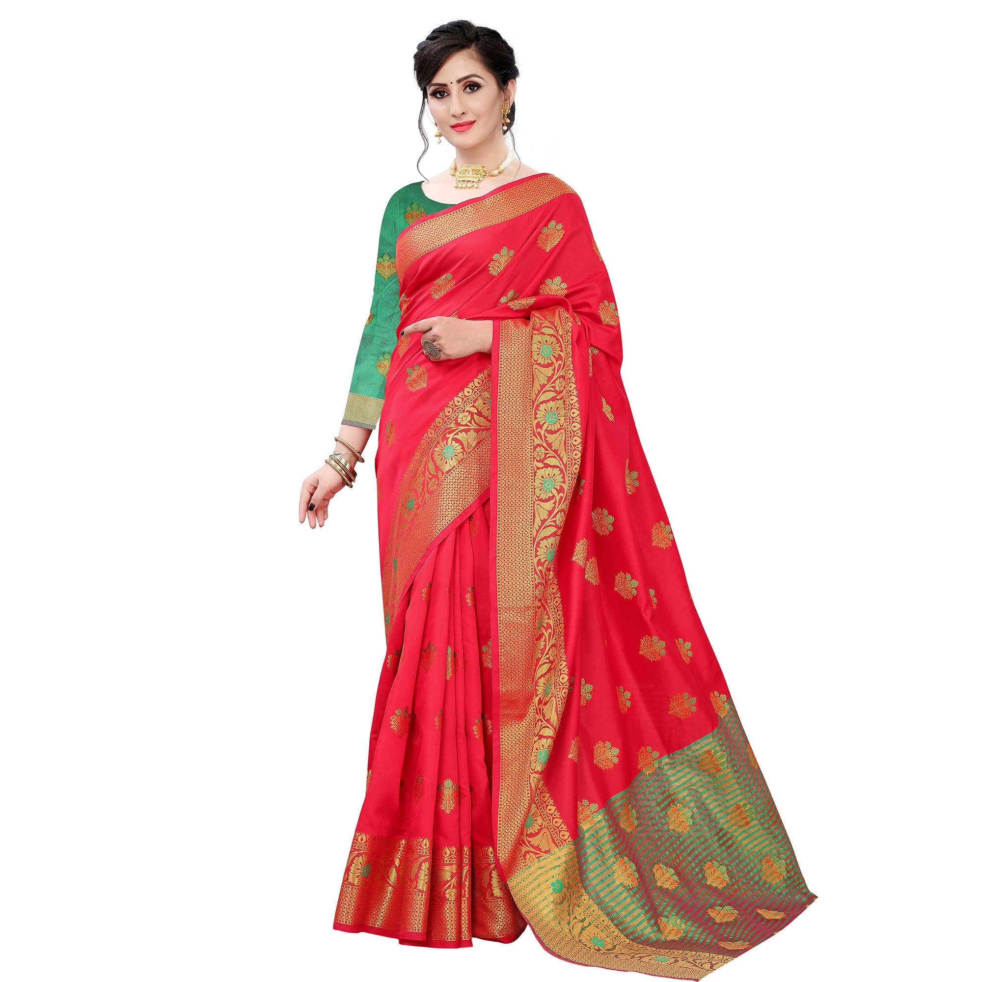 Gorgeous Red Colored Beautiful Jacqaurd Floral Pattern Festive Wear Art Silk Saree - Peachmode