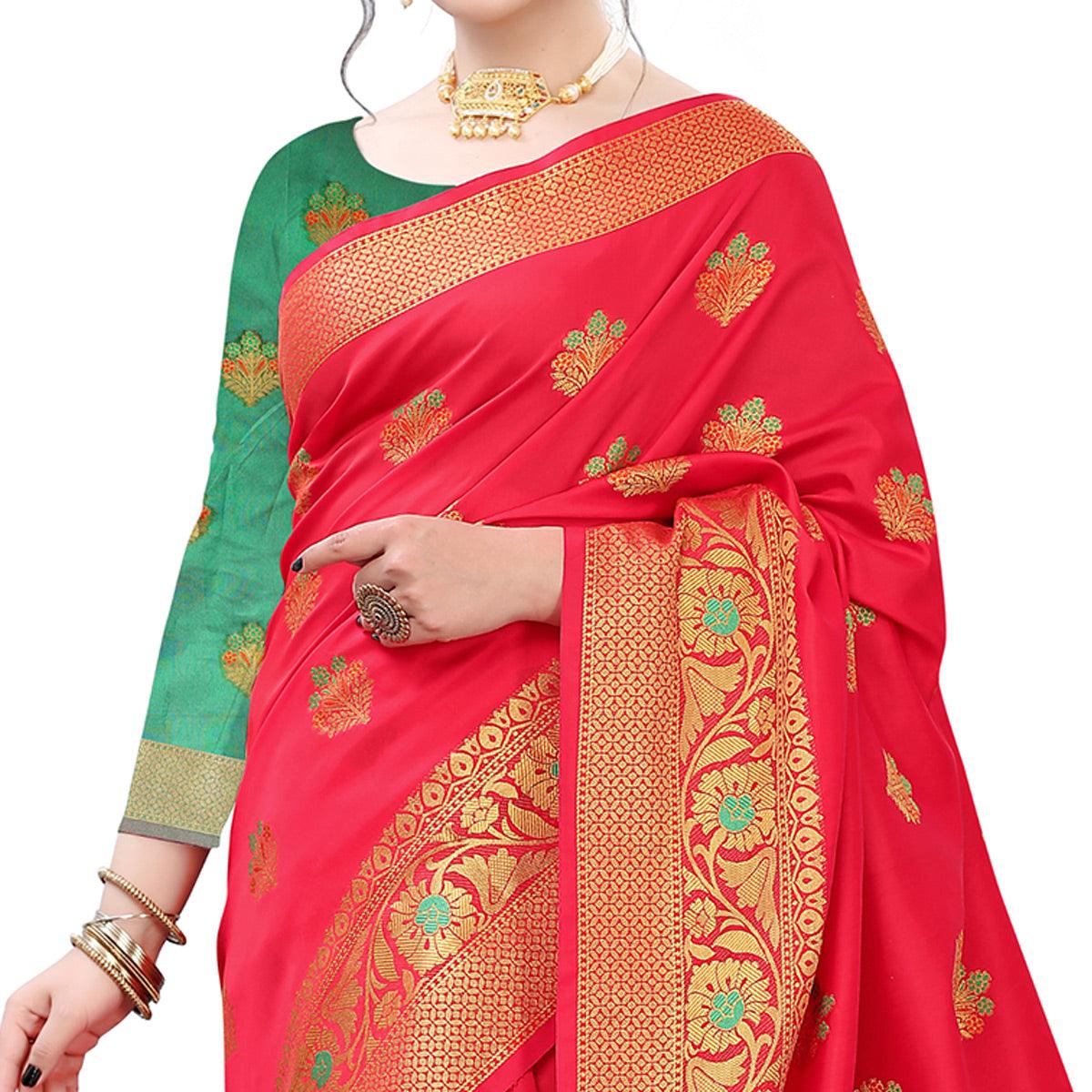 Gorgeous Red Colored Beautiful Jacqaurd Floral Pattern Festive Wear Art Silk Saree - Peachmode