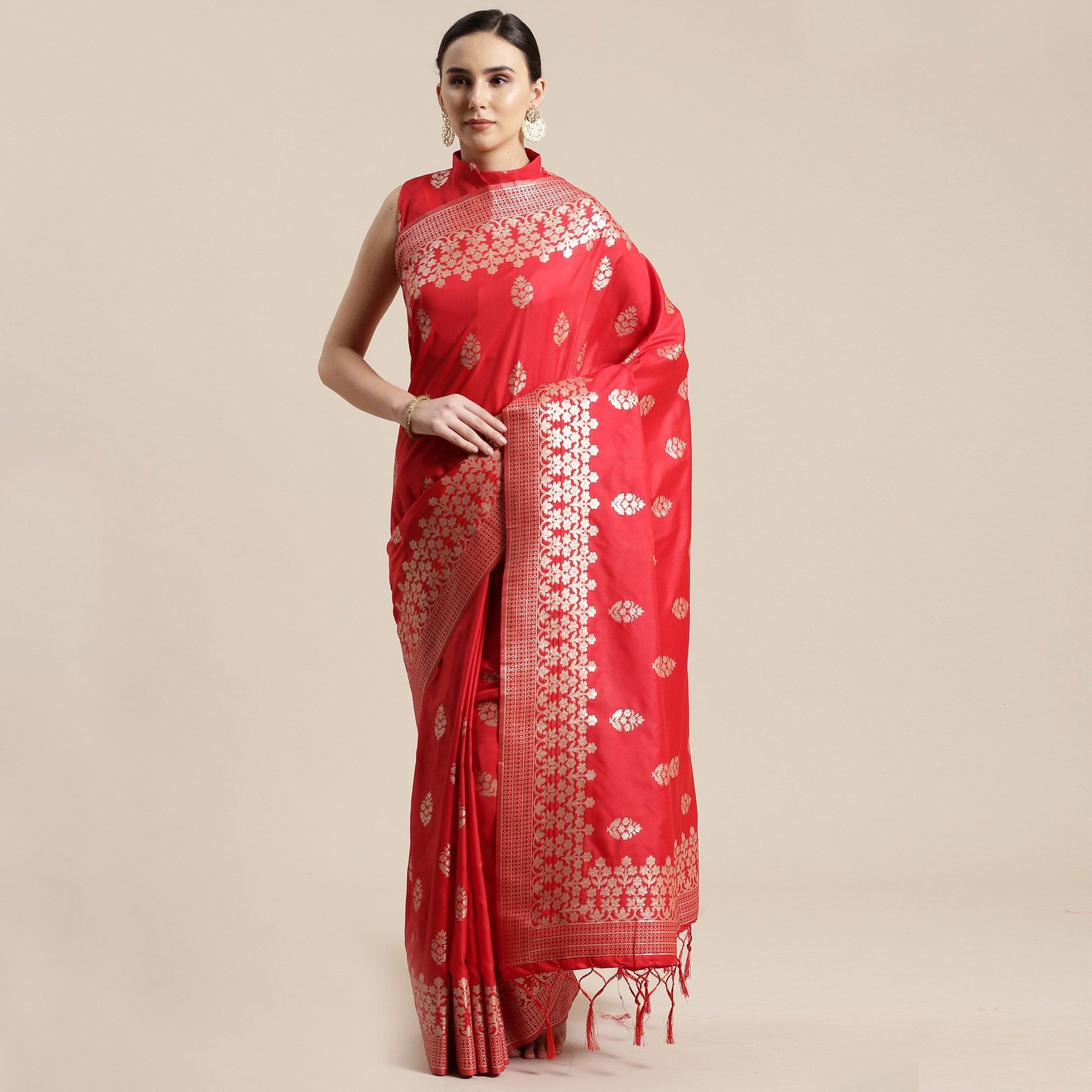 Gorgeous Red Colored Festive Wear Silk Blend Woven Floral Saree With Tassels - Peachmode