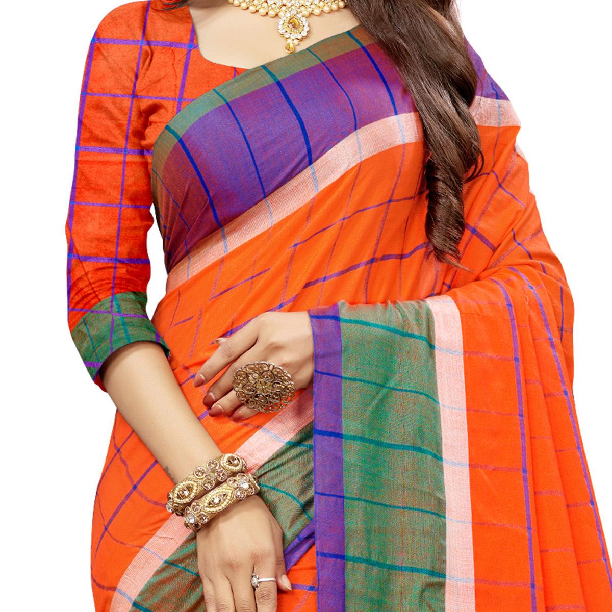 Gorgeous Red Colored Festive Wear Stripe Printed Cotton Silk Saree With Tassels - Peachmode