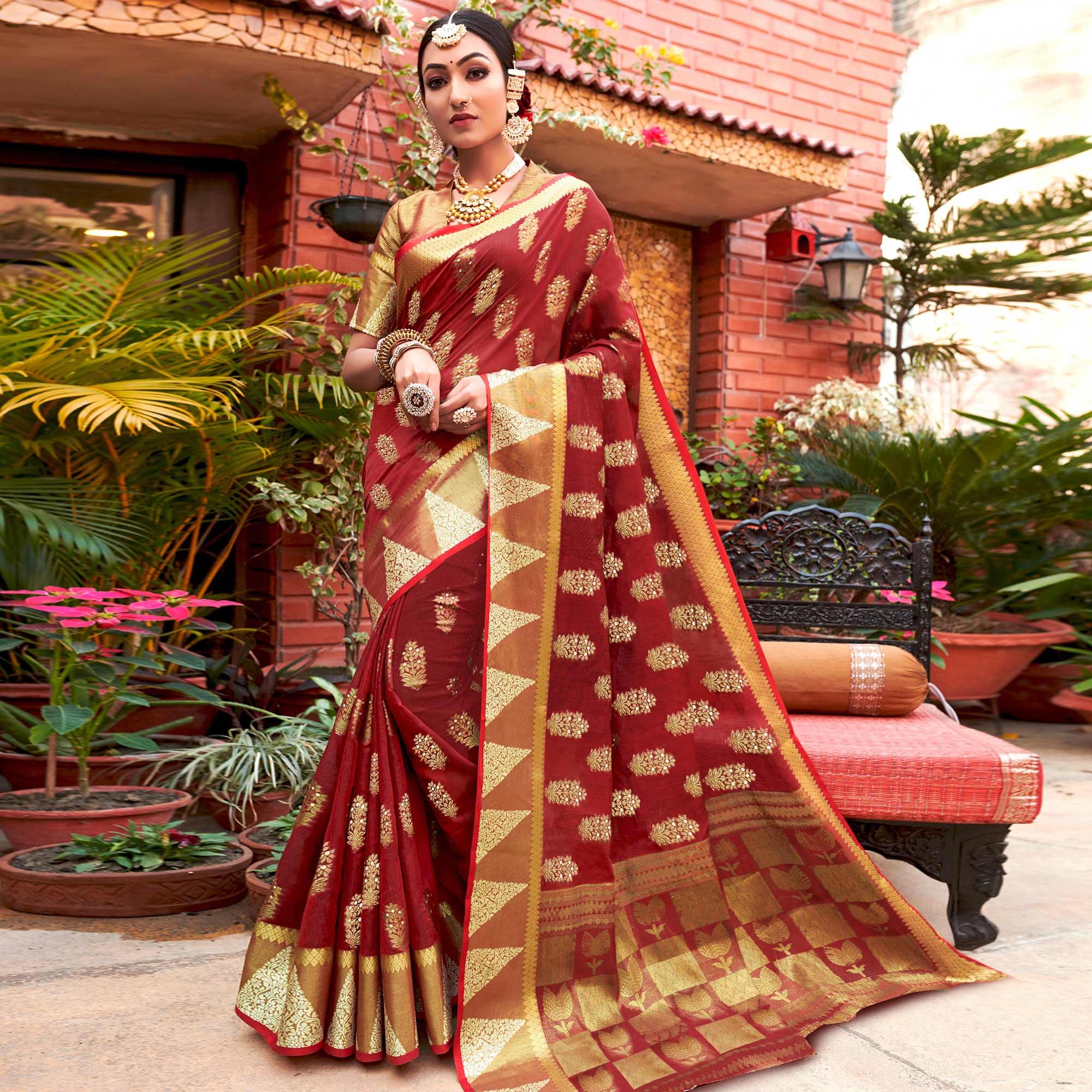 Gorgeous Red Colored Festive Wear Woven Cotton Handloom Saree - Peachmode