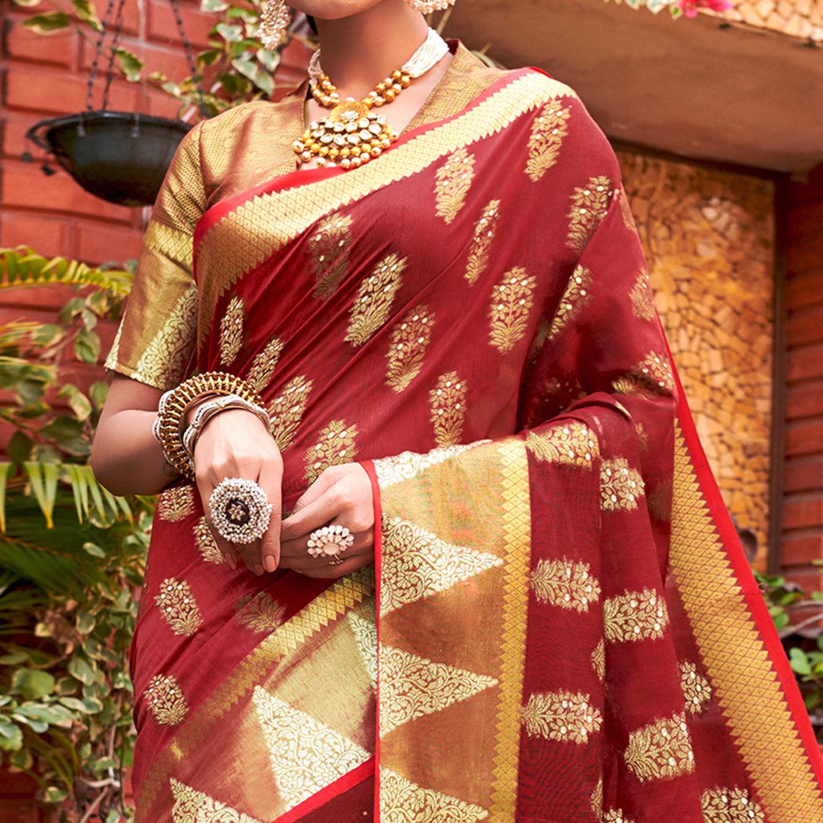 Gorgeous Red Colored Festive Wear Woven Cotton Handloom Saree - Peachmode