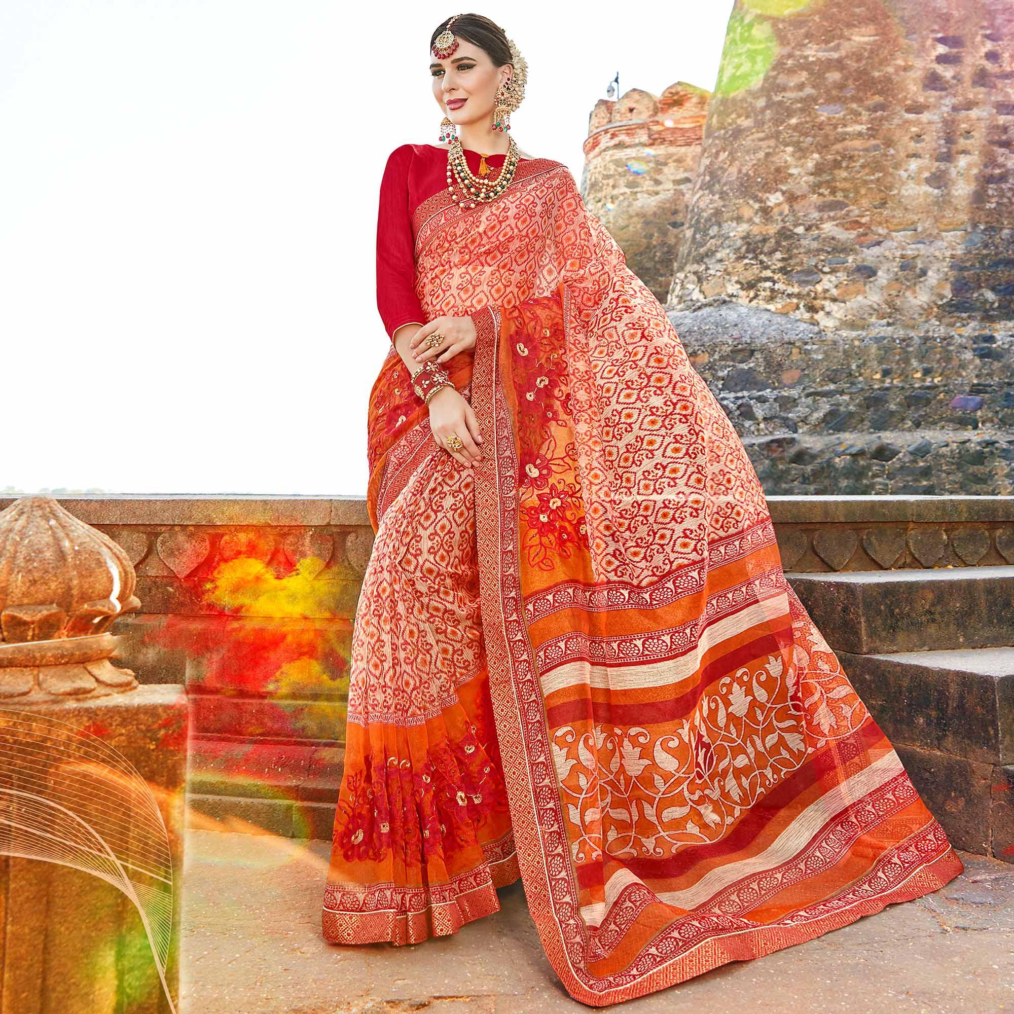 Gorgeous Red-Multi Colored Casual Printed Netted Saree - Peachmode