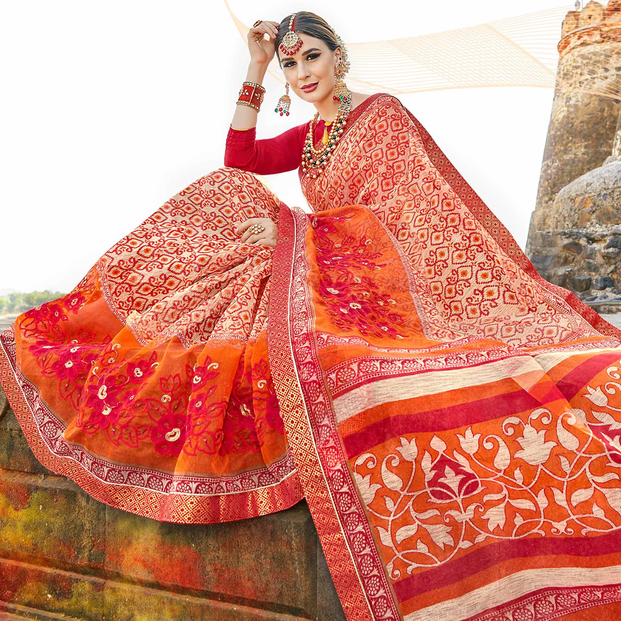 Gorgeous Red-Multi Colored Casual Printed Netted Saree - Peachmode
