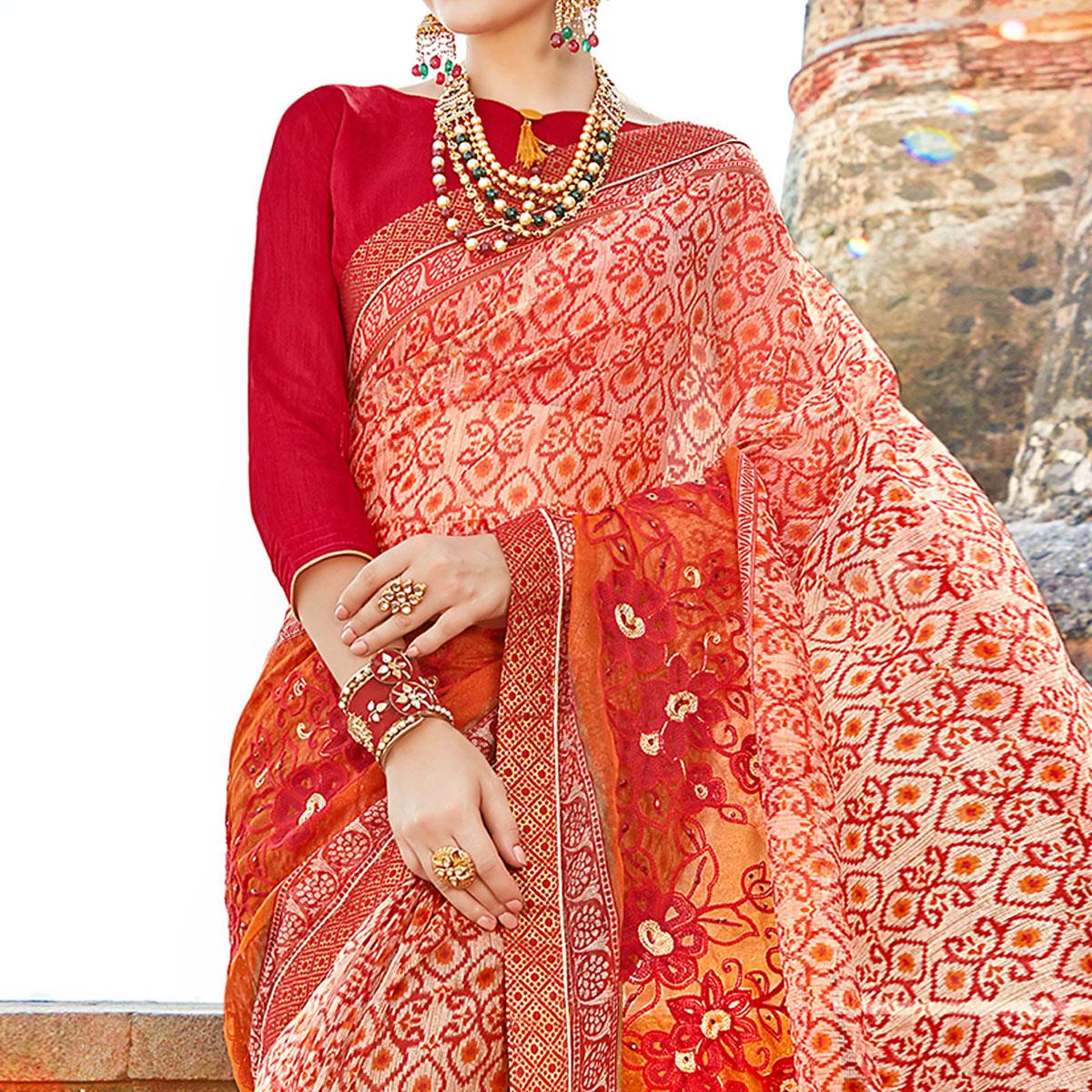 Gorgeous Red-Multi Colored Casual Printed Netted Saree - Peachmode