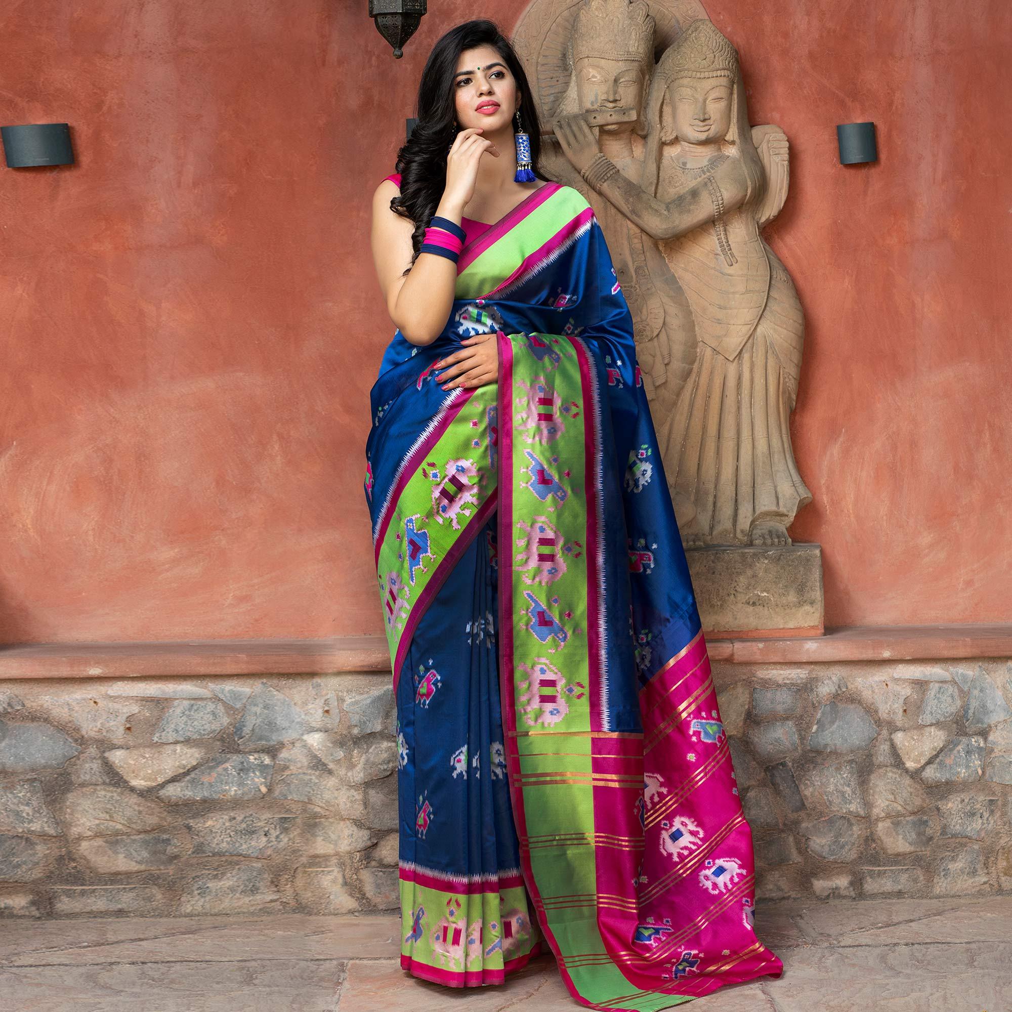 Gorgeous Royal Blue Colored Festive Wear Woven Patola Silk Saree - Peachmode