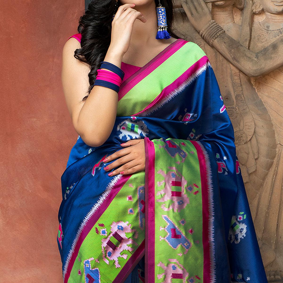 Gorgeous Royal Blue Colored Festive Wear Woven Patola Silk Saree - Peachmode