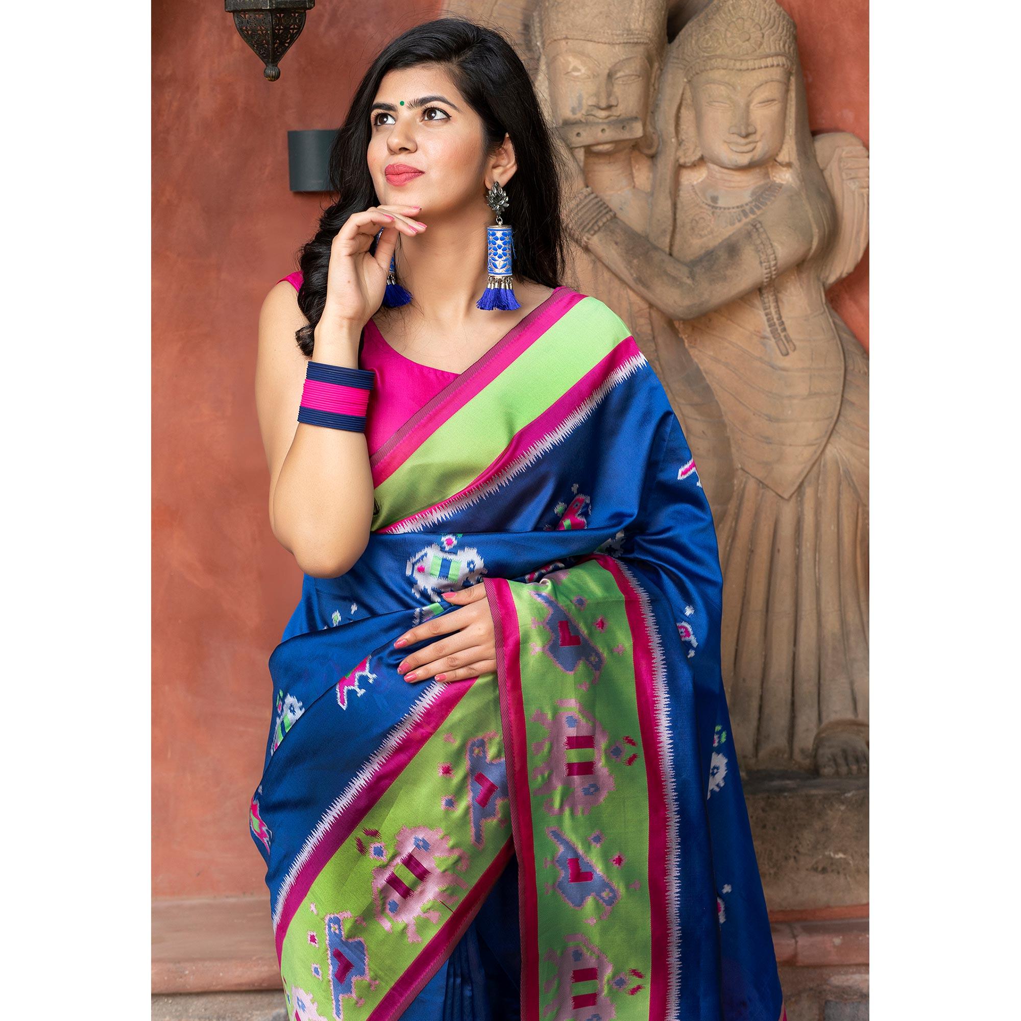 Gorgeous Royal Blue Colored Festive Wear Woven Patola Silk Saree - Peachmode