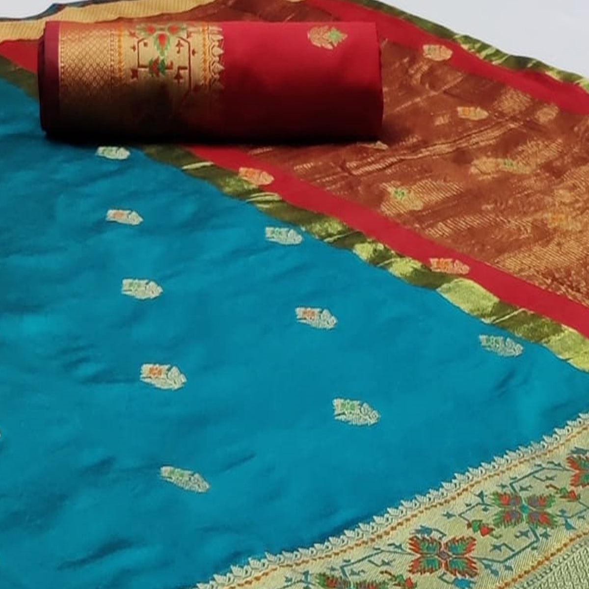 Gorgeous Sky Blue Colored Festive Wear Woven Silk Saree - Peachmode
