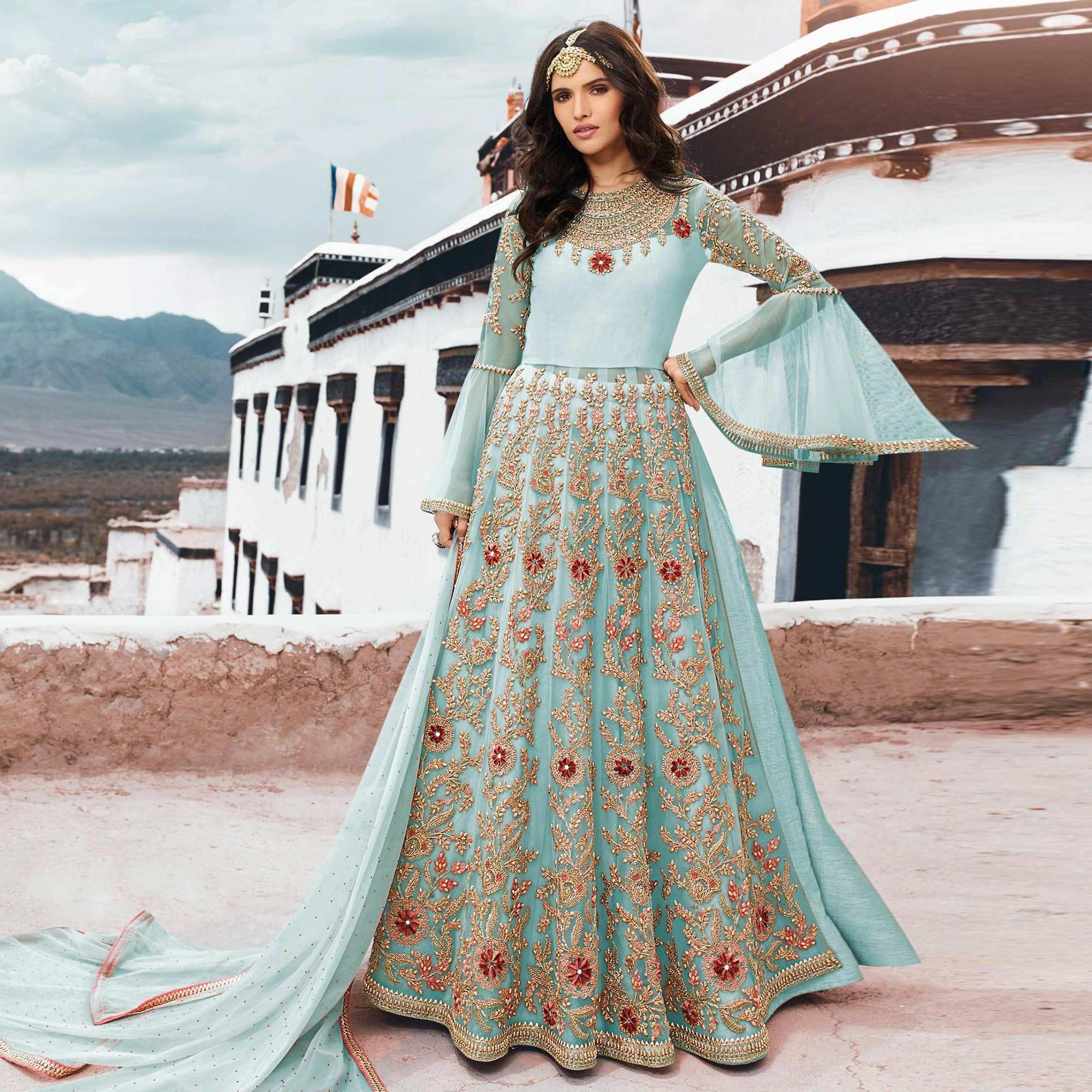 Gorgeous Sky Blue Colored Partywear Embroidered Netted Anarkali Suit - Peachmode